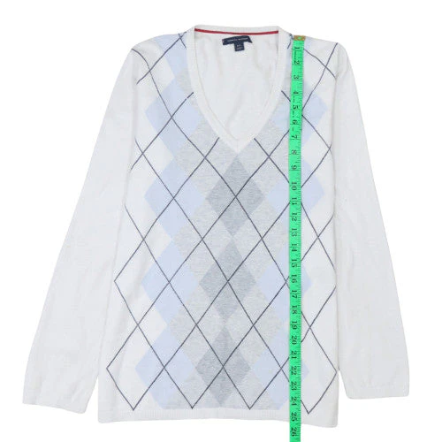 Tommy Hilfiger Men's White Argyle V-Neck Cotton Jumper Size L - Image 2