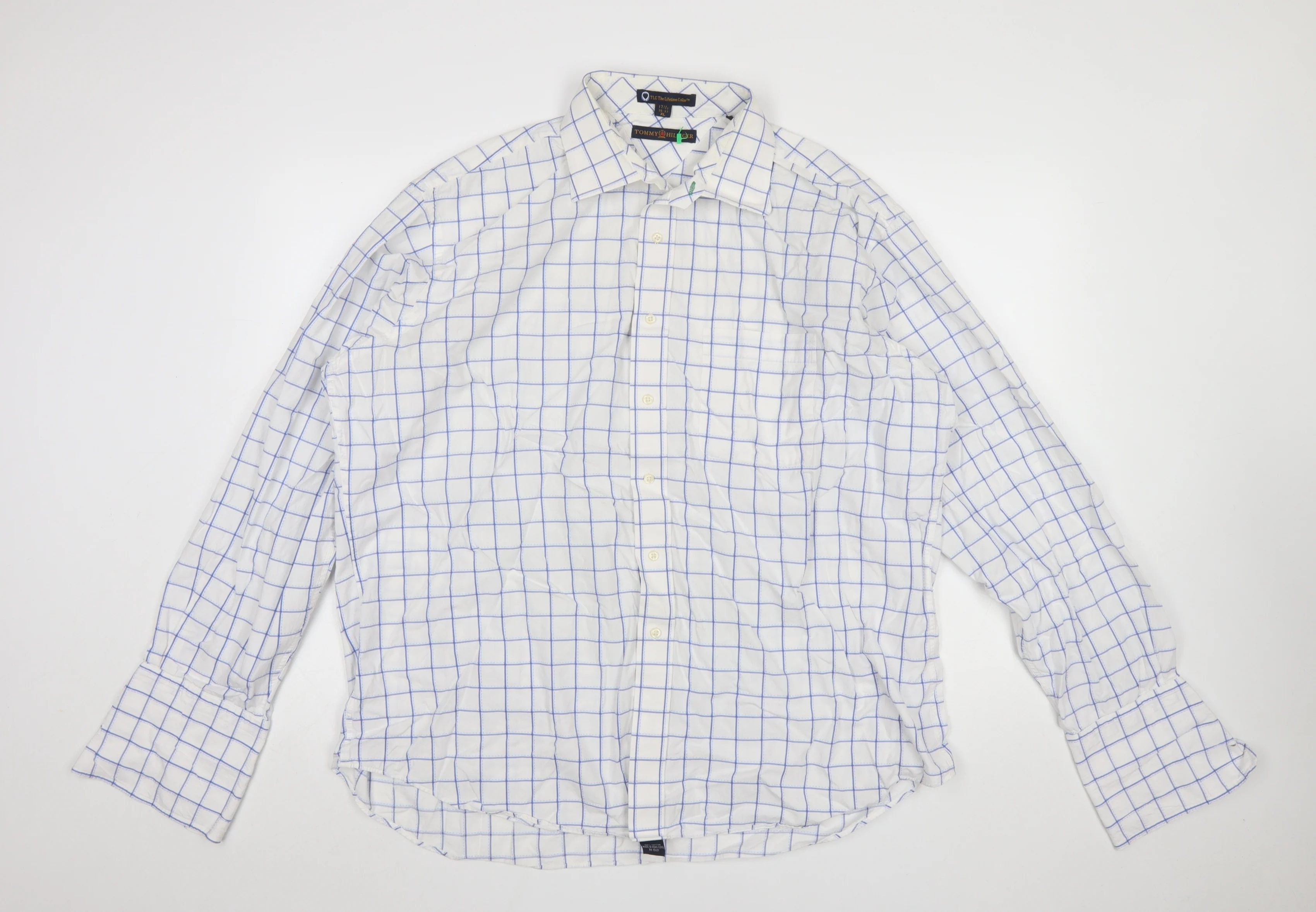 Tommy Hilfiger Men's White Blue Check XL Formal Dress Shirt 100% Cotton