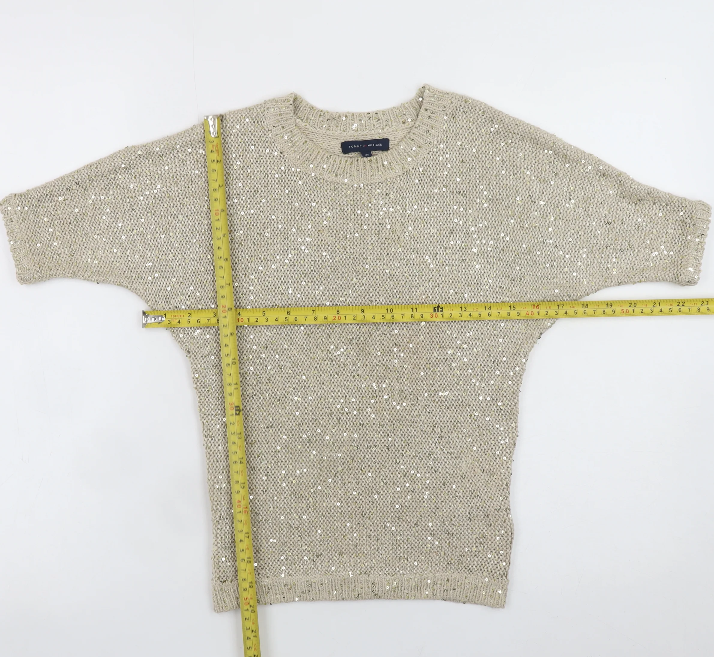 Tommy Hilfiger Teens Beige Sequin Knit Cropped Blouse Size 8 - Image 2