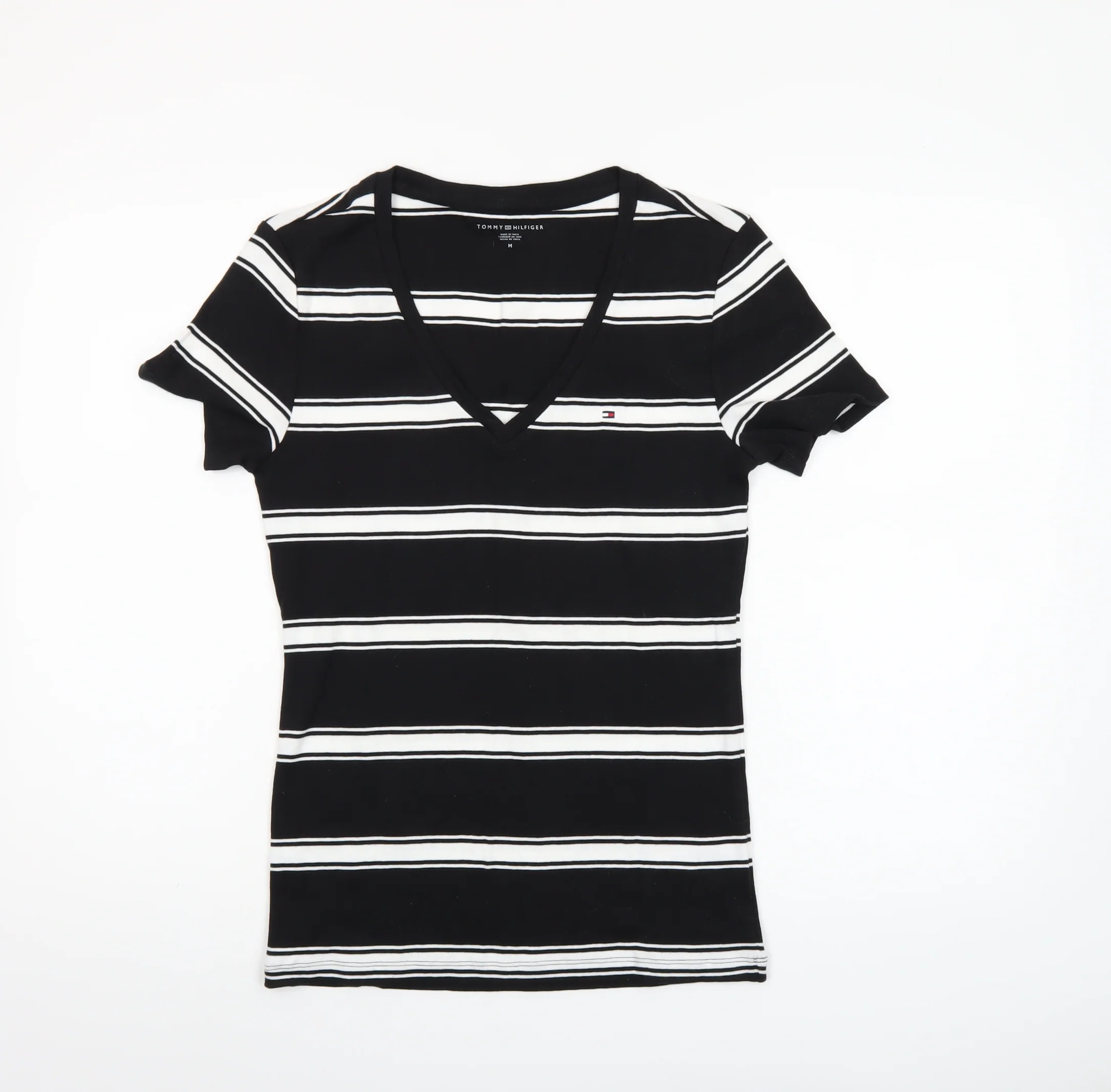 Tommy Hilfiger Women Black Striped V-Neck Cotton T-Shirt M