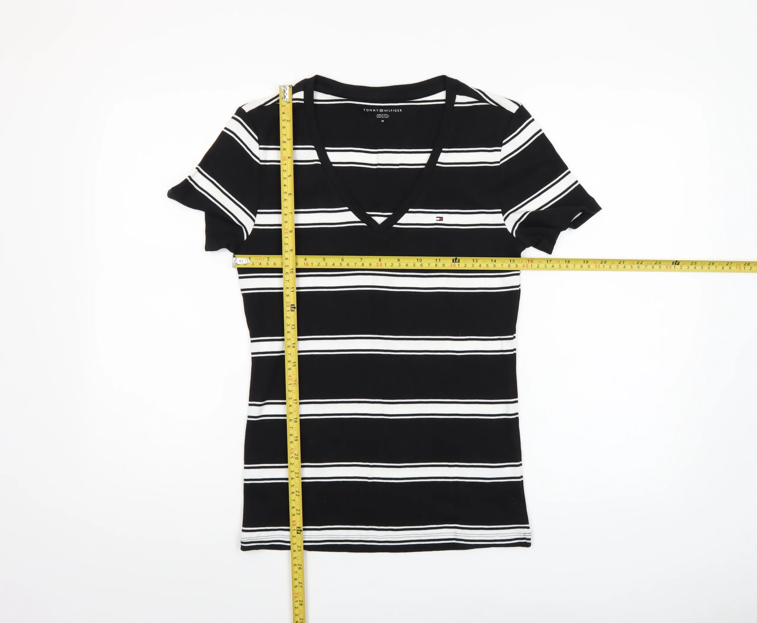 Tommy Hilfiger Women Black Striped V-Neck Cotton T-Shirt M - Image 2