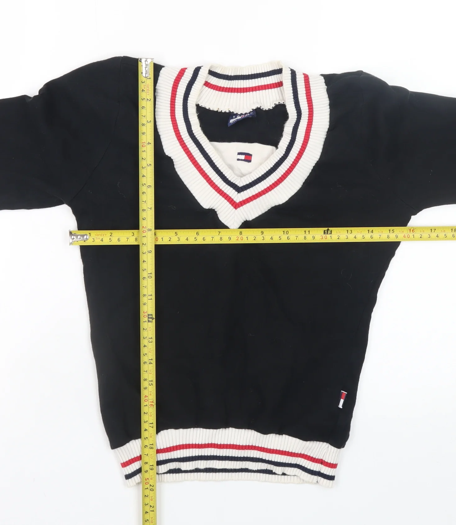 Tommy Hilfiger Womens Black V-Neck Knit Jumper Size M Cotton Retro Style - Image 2