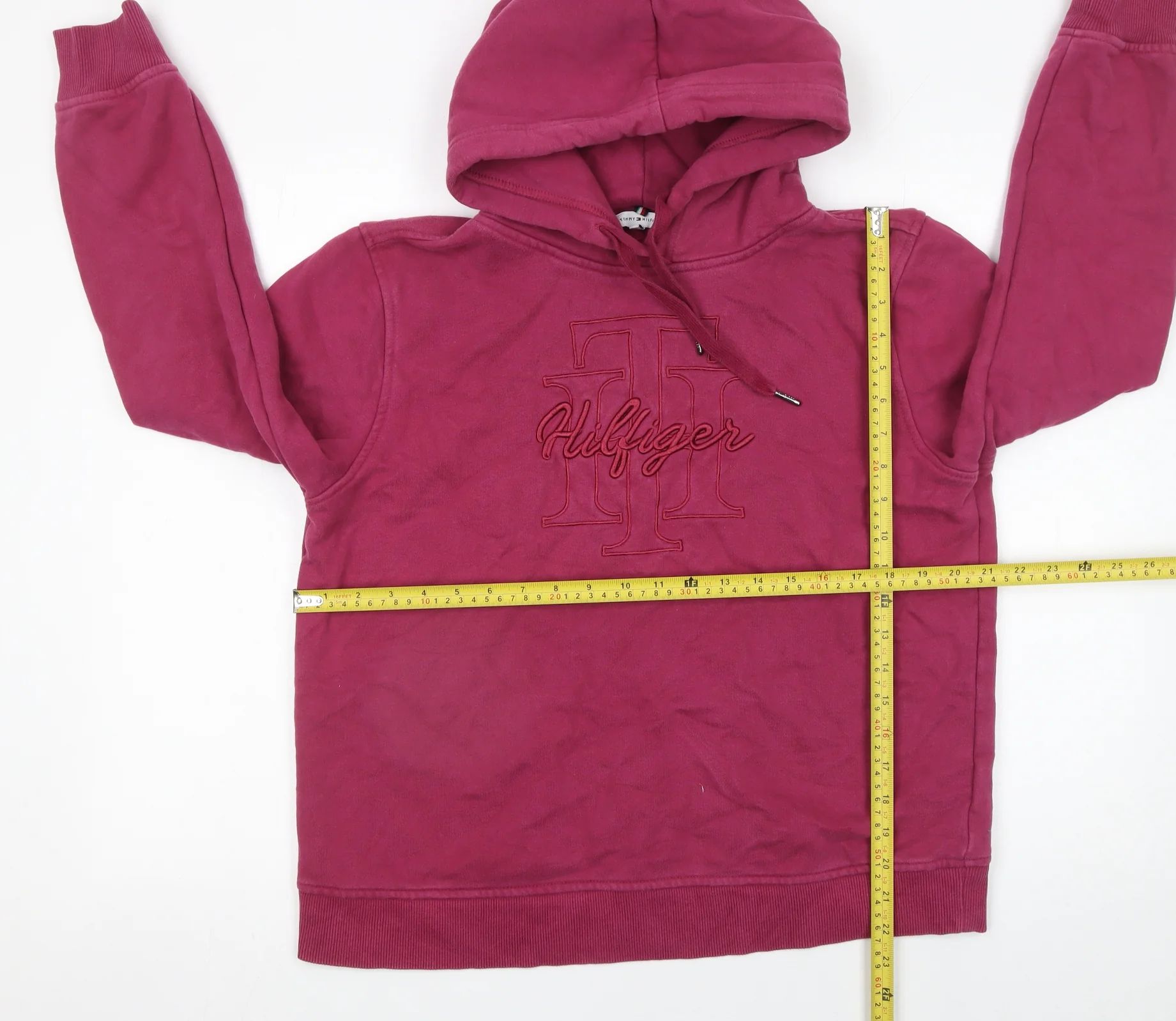 Tommy Hilfiger Womens Burgundy Hoodie Medium Cotton Logo Pullover - Image 2