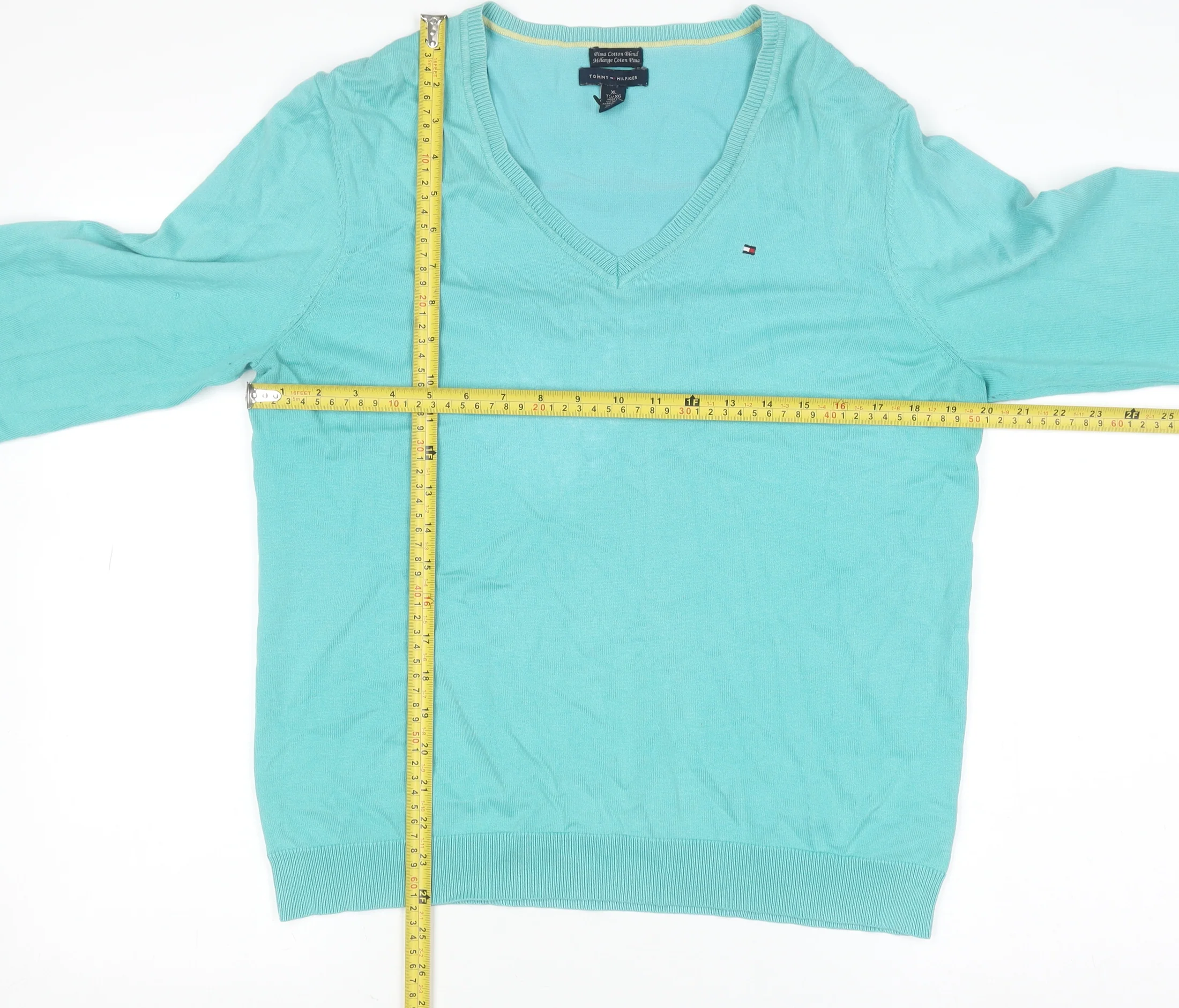 Tommy Hilfiger Women's Green V-Neck Cotton Blend Jumper XL - Image 2