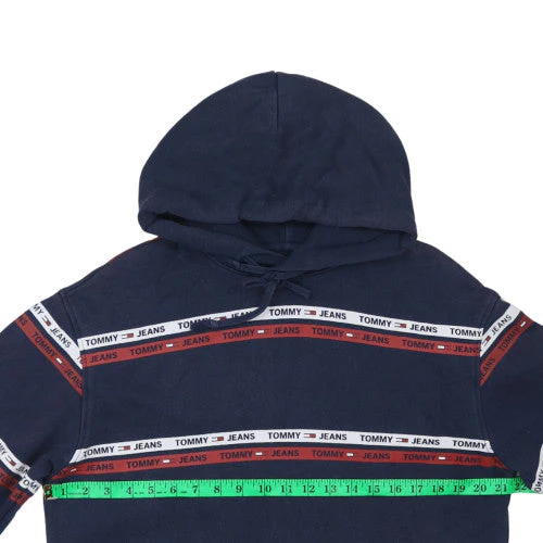Tommy Jeans Men’s Blue Pullover Hoodie M Logo Striped Fleece - Image 2