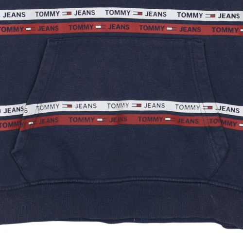 Tommy Jeans Men’s Blue Pullover Hoodie M Logo Striped Fleece - Image 7