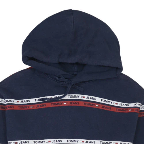 Tommy Jeans Men’s Blue Pullover Hoodie M Logo Striped Fleece - Image 8