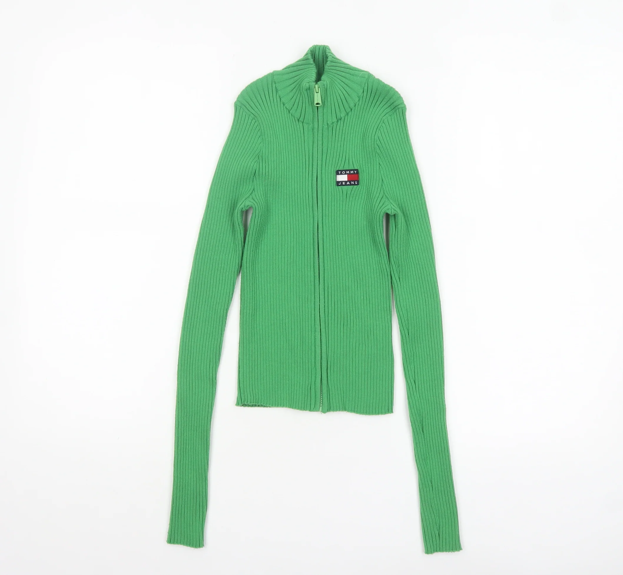 Tommy Jeans Women's Green XS Full Zip Ribbed Knit Jumper