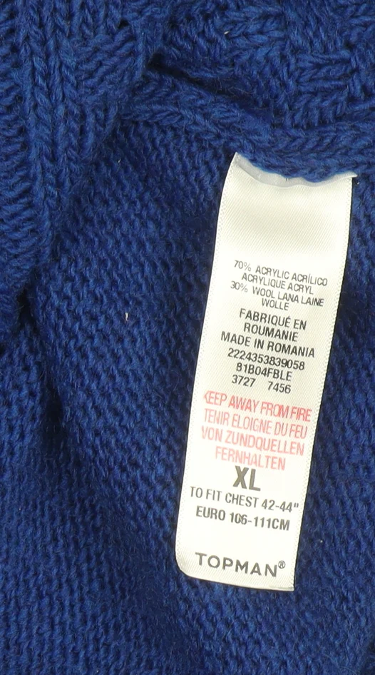 Topman Men’s Blue Cable-Knit Crew Neck Jumper Size XL - Image 4