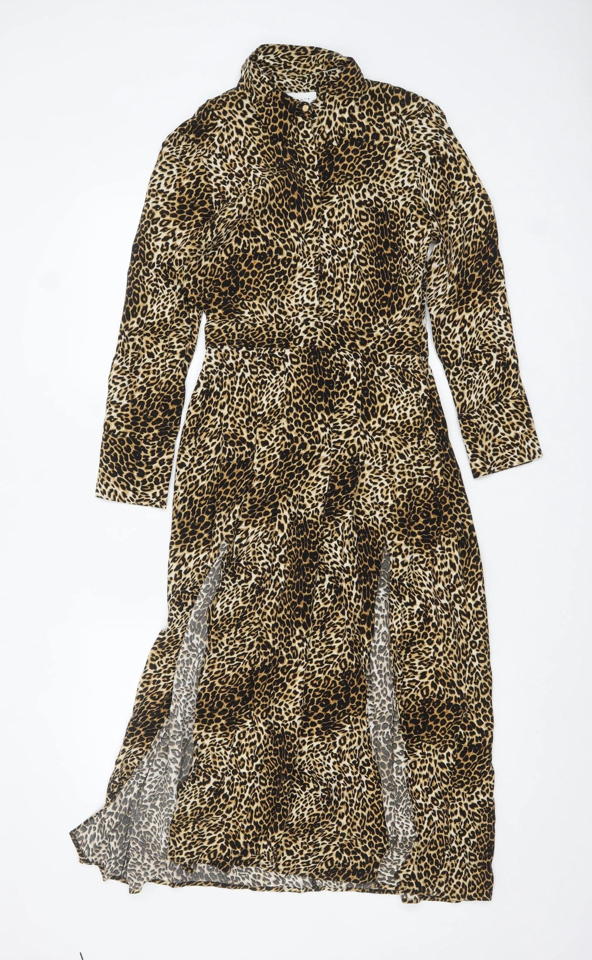 Topshop Petite Leopard Print Midi Shirt Dress Brown UK 4