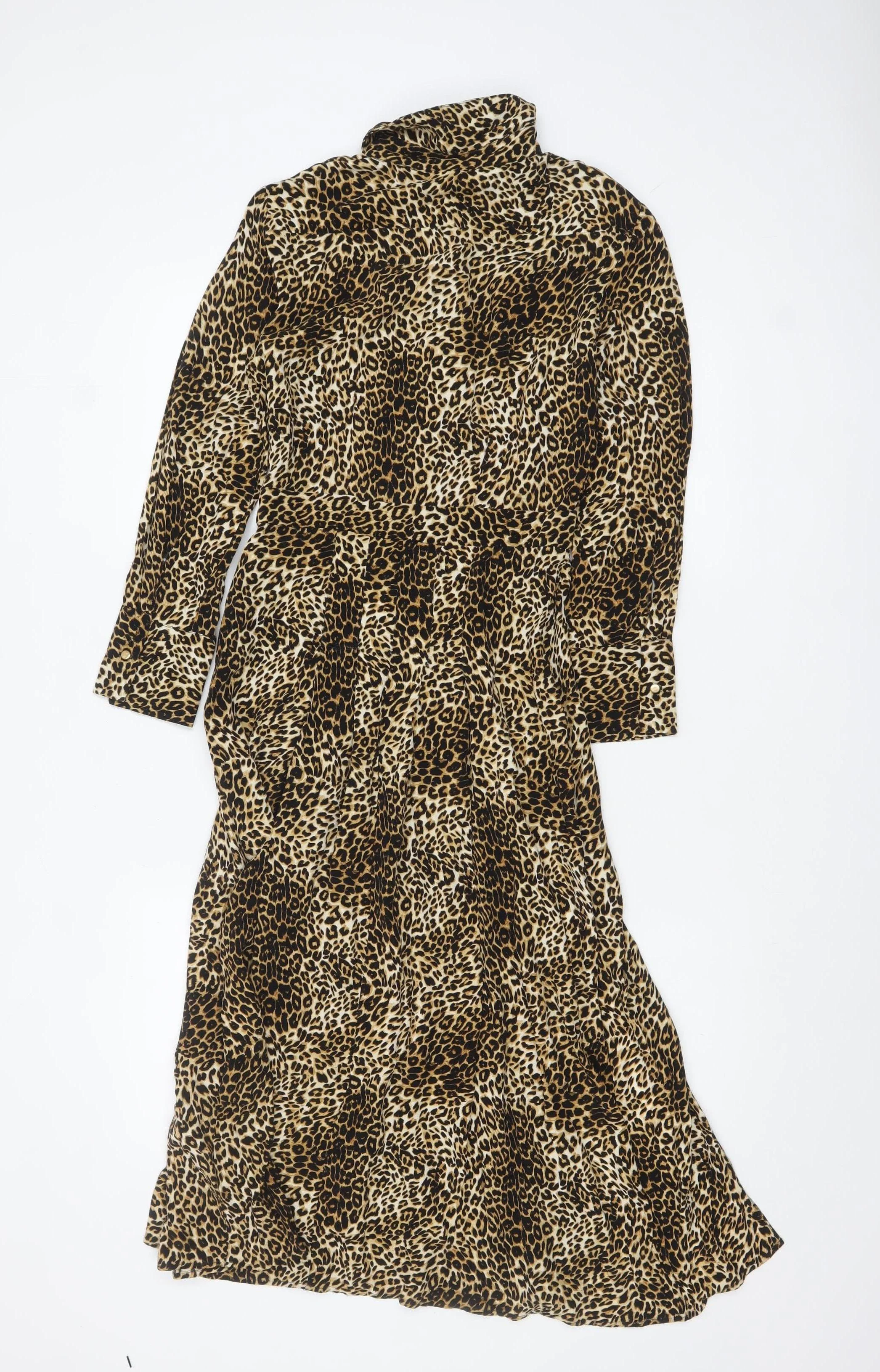 Topshop Petite Leopard Print Midi Shirt Dress Brown UK 4 - Image 3