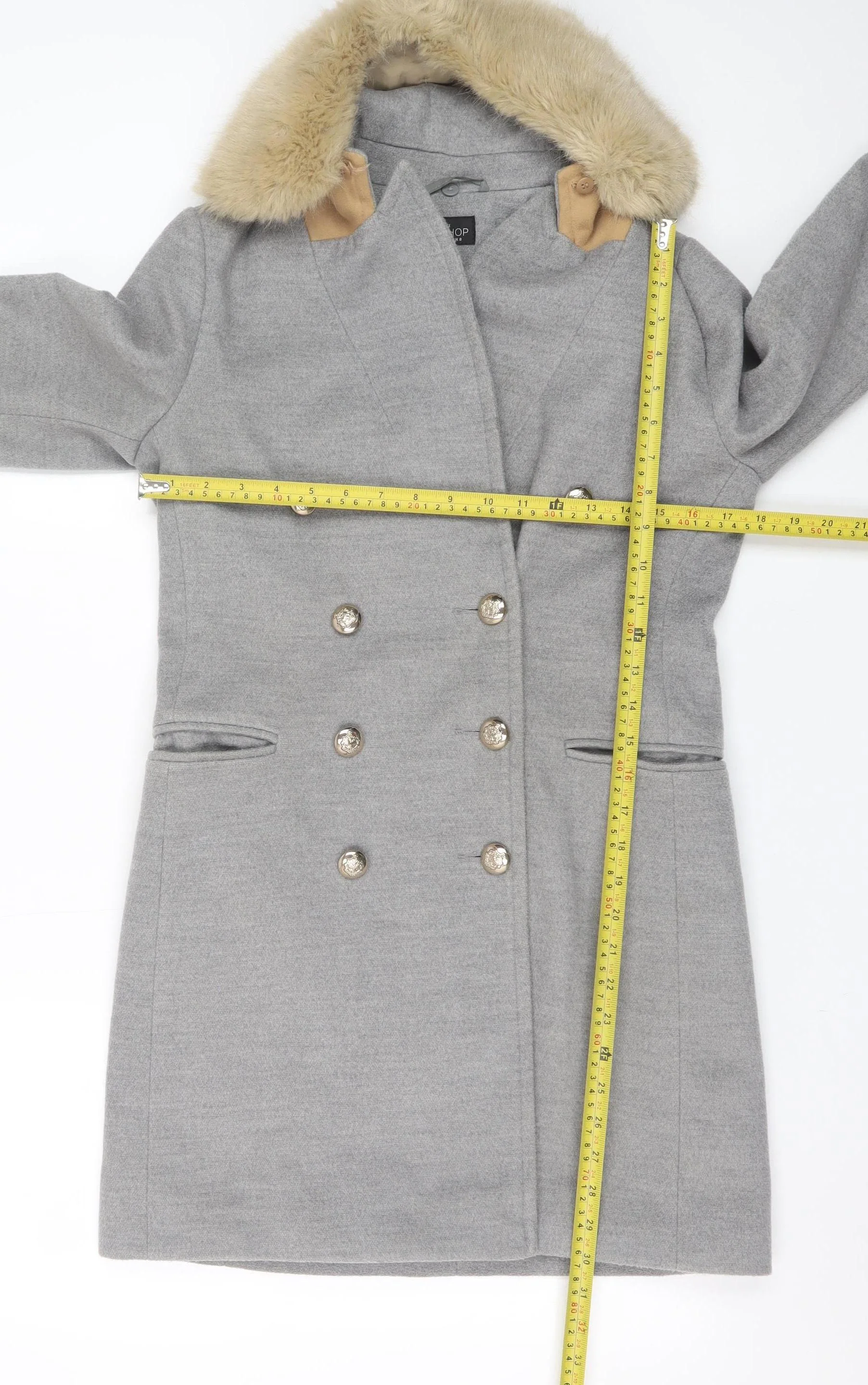 Topshop Petite Women’s Grey Faux Fur Collar Double Breasted Coat Size 8 - Image 2