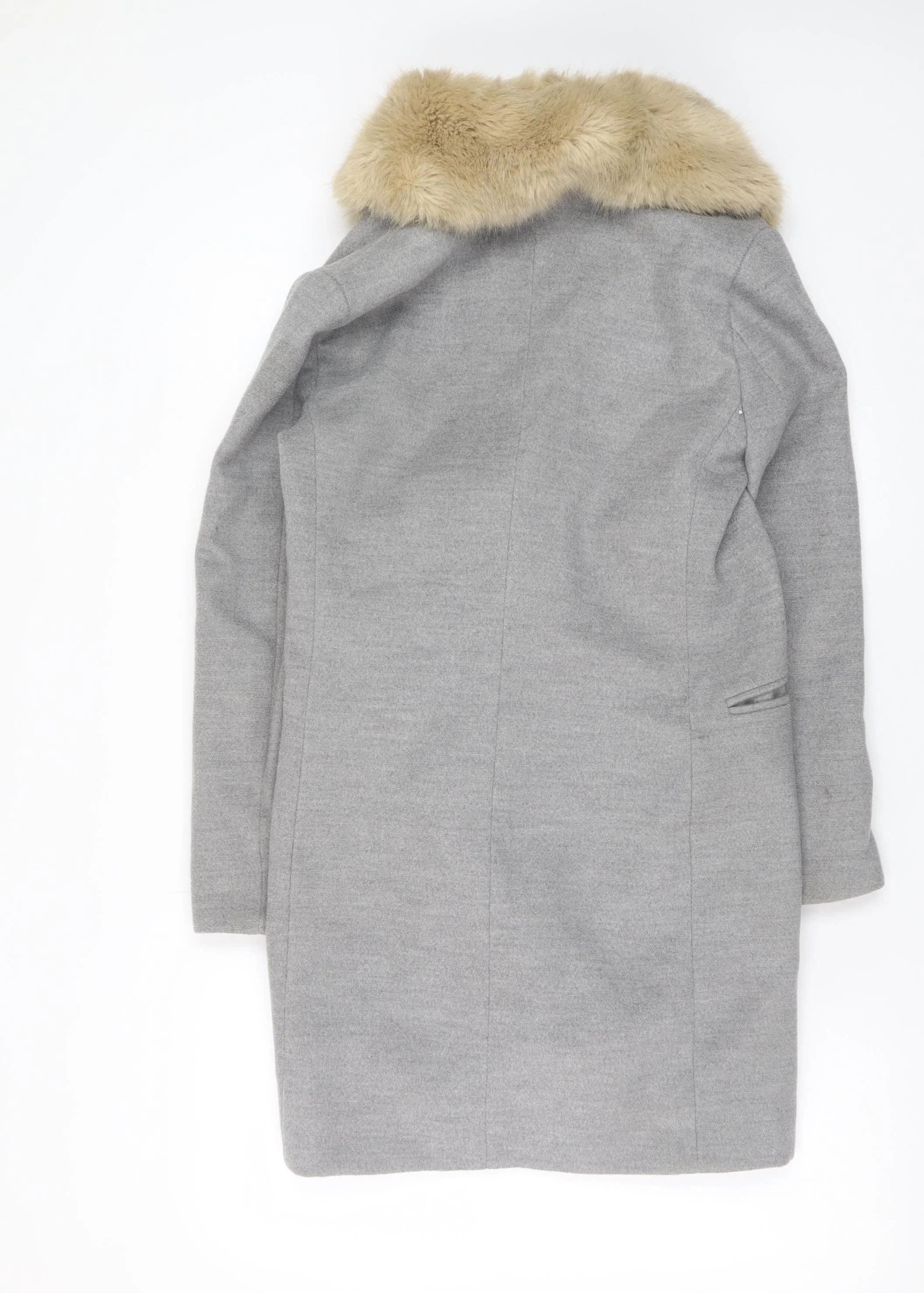 Topshop Petite Women’s Grey Faux Fur Collar Double Breasted Coat Size 8 - Image 3
