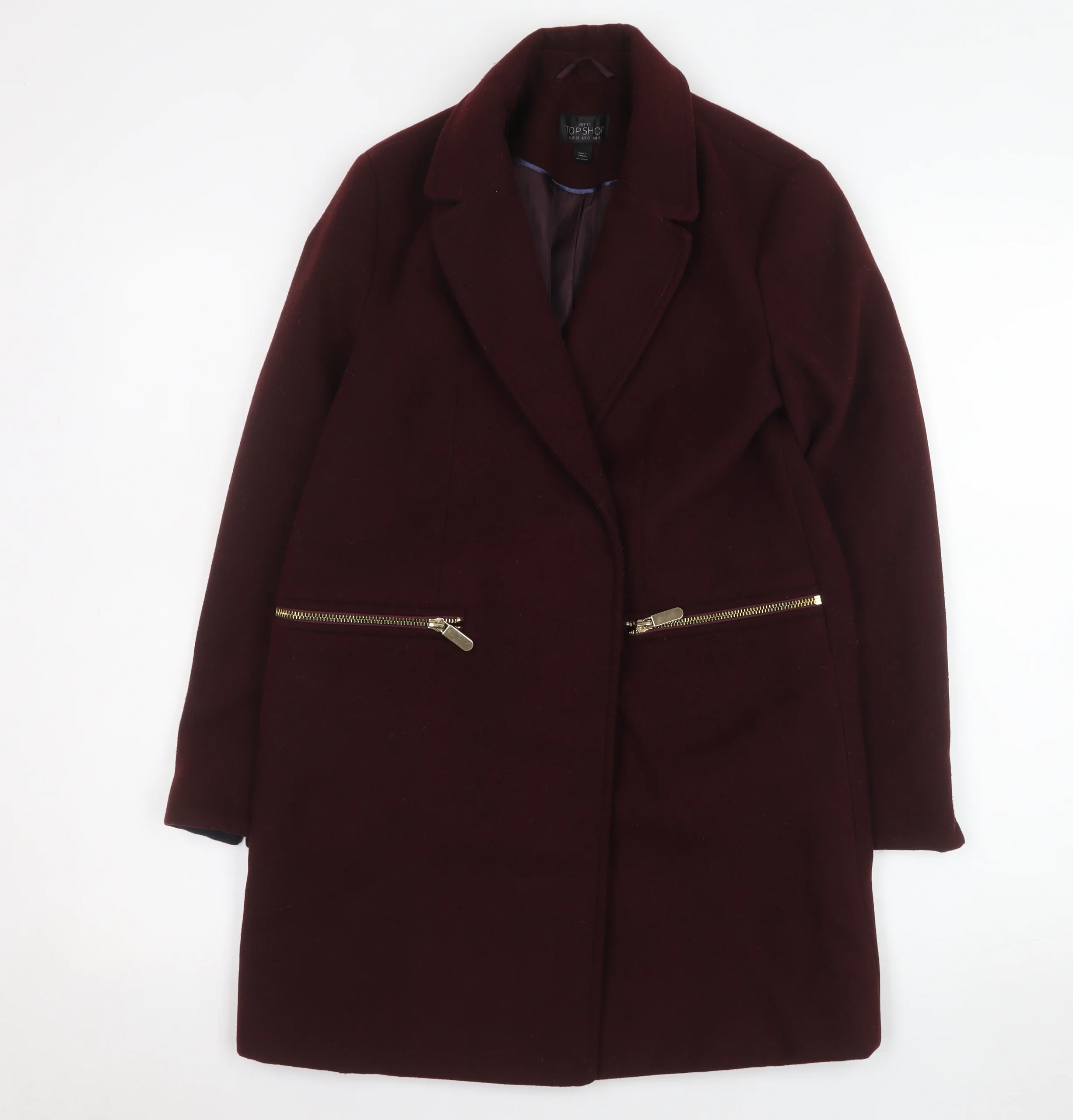Topshop Petite Women's Burgundy Wool Blend Zip Pocket Overcoat UK 4