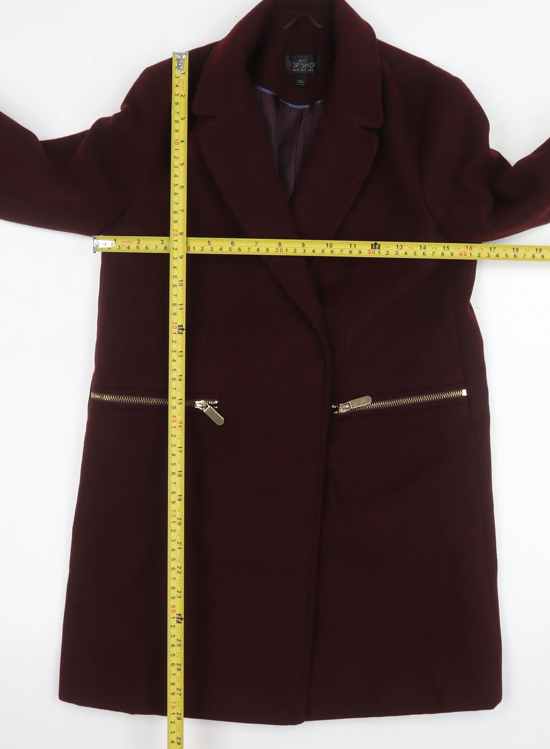 Topshop Petite Women's Burgundy Wool Blend Zip Pocket Overcoat UK 4 - Image 2