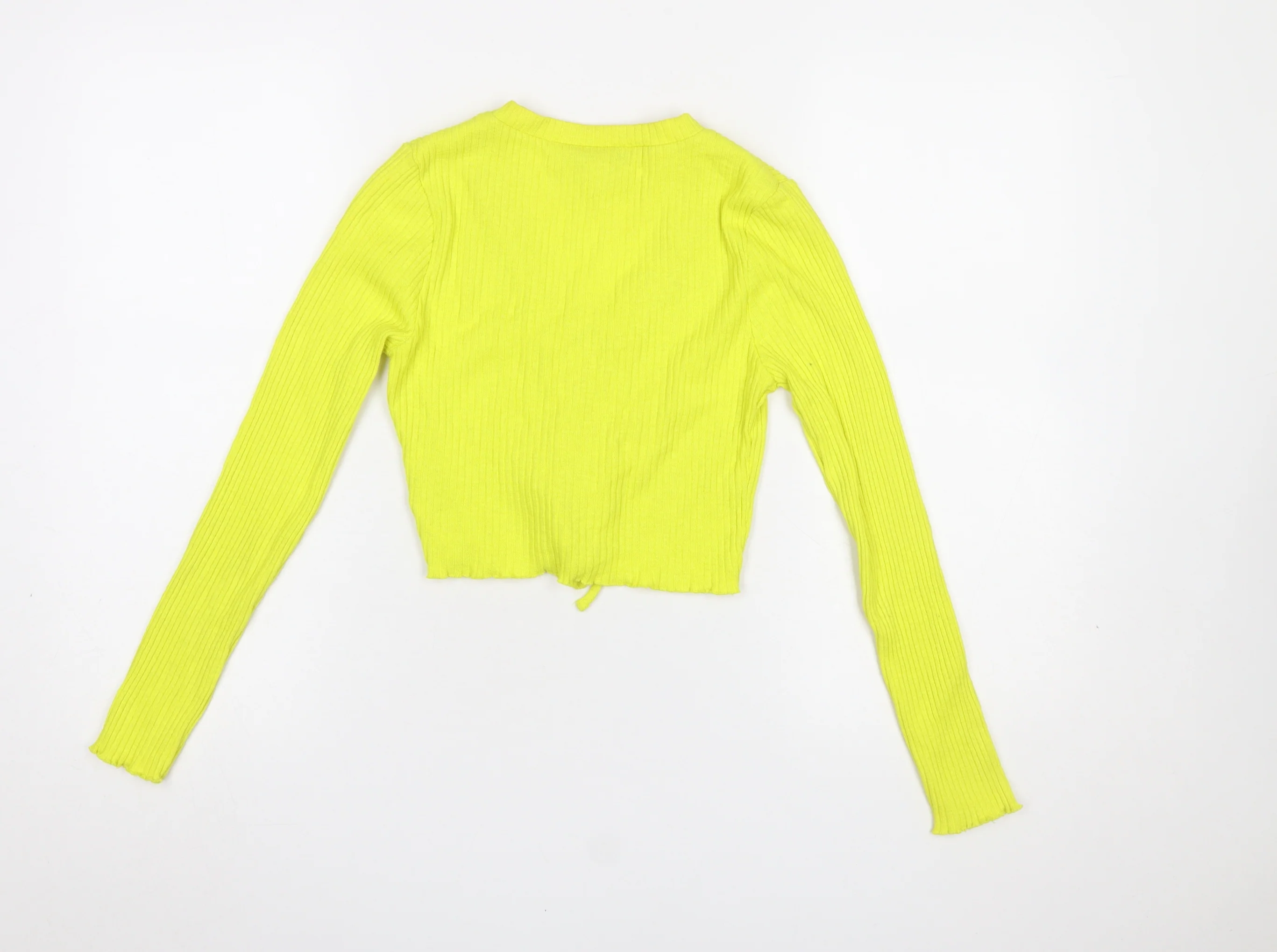 Topshop Petite Yellow Cropped Ribbed Long Sleeve Lace-Up Blouse UK 8 - Image 3
