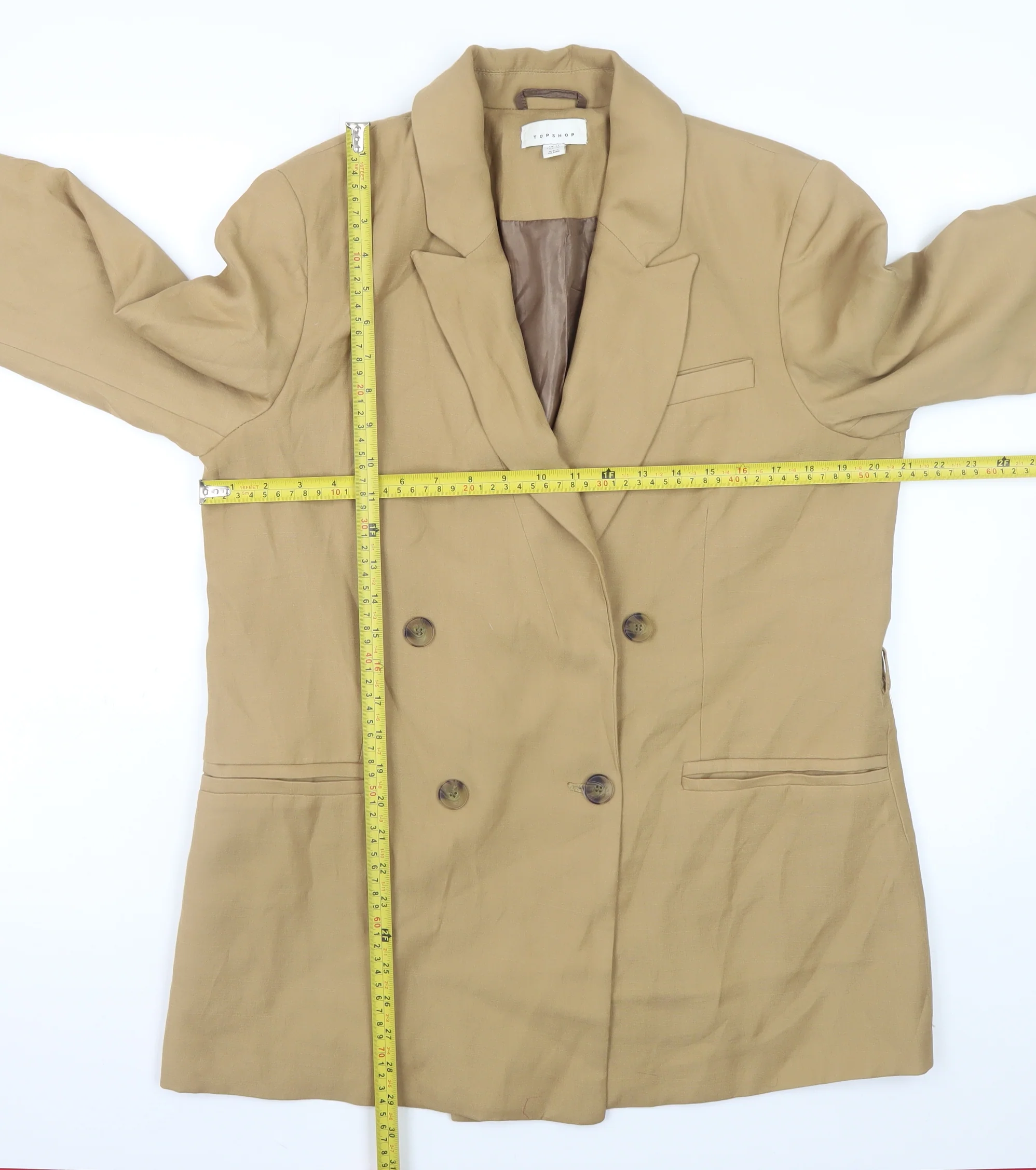 Topshop Women Beige Blazer UK 14 Regular Twill Double Breasted Jacket - Image 2