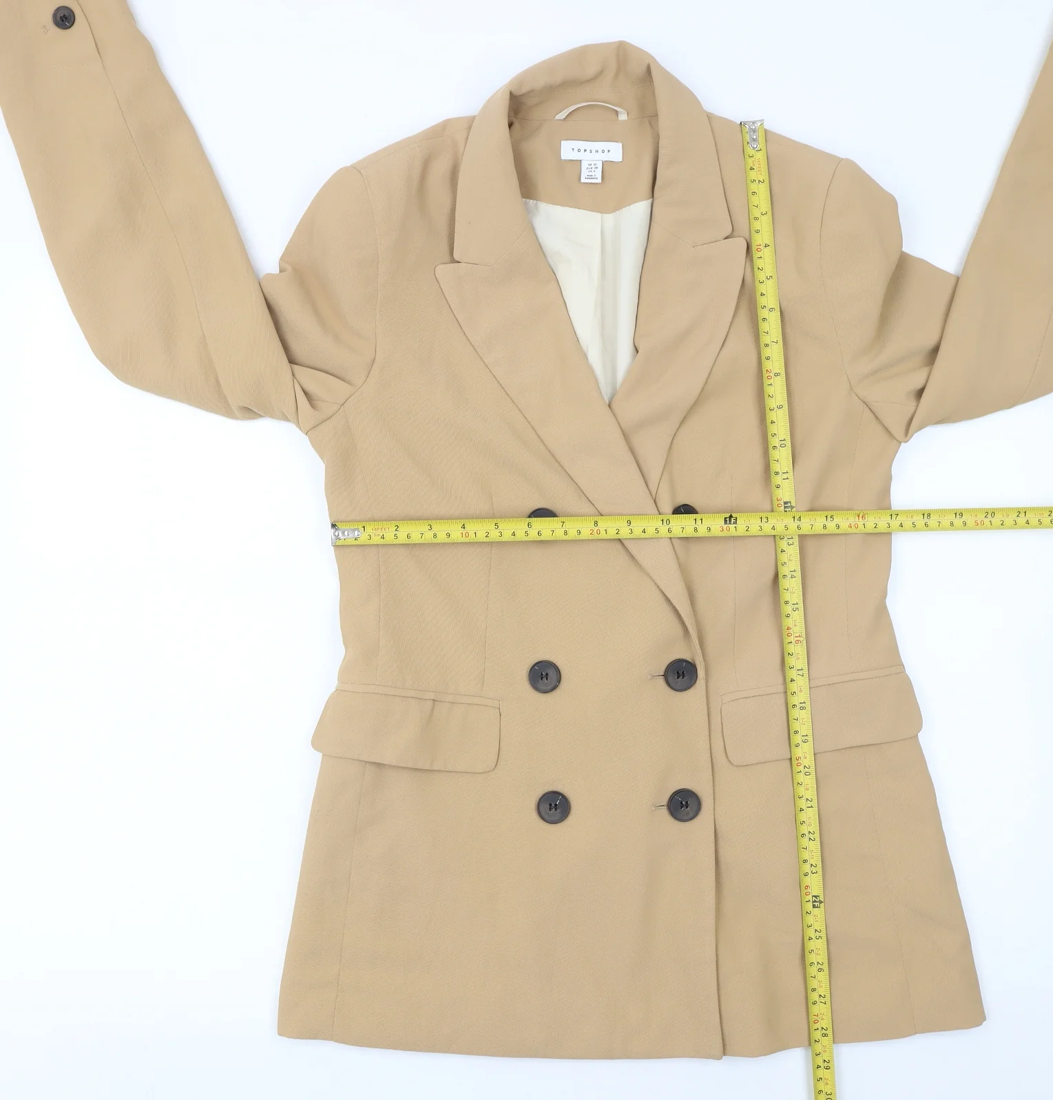 Topshop Women Beige Double-Breasted Blazer UK 10 Polyester Jacket - Image 2