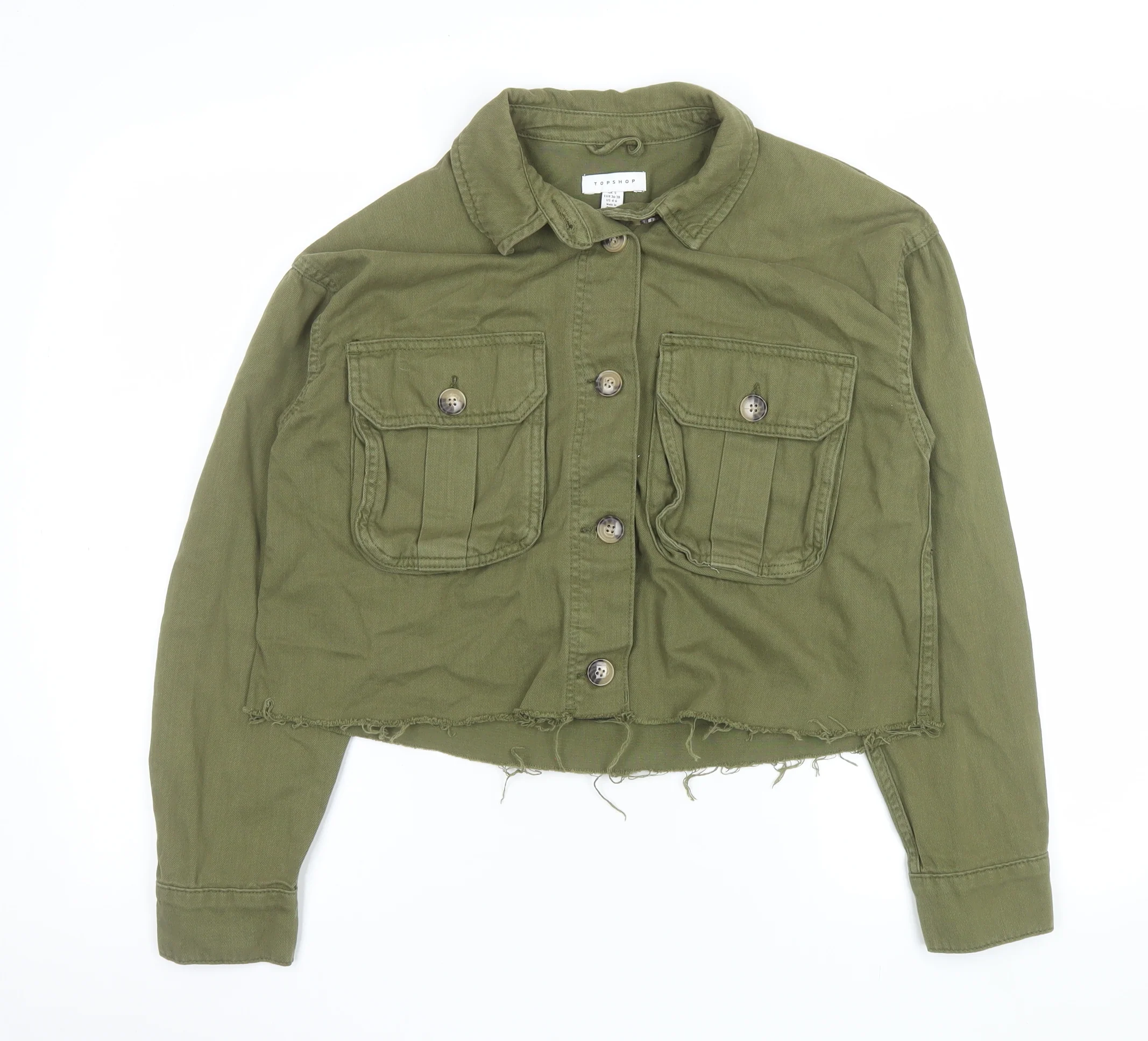 Topshop Women Green Cropped Military Jacket S Cotton Button Up