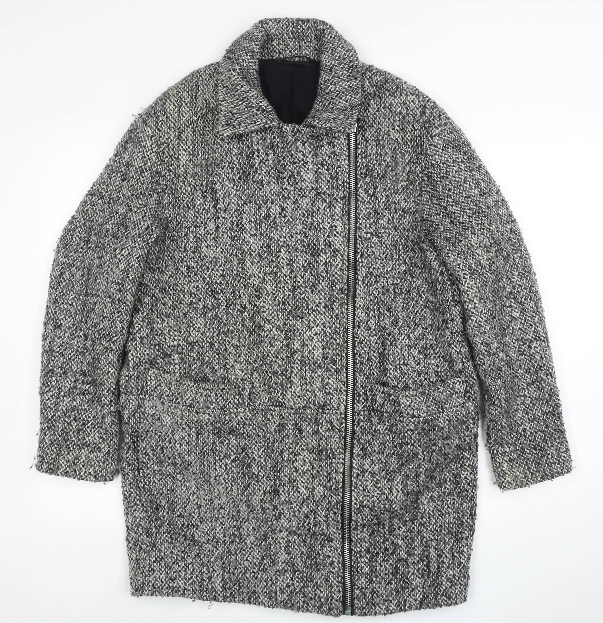 Topshop Women Grey Wool Blend Zip Long Tweed Overcoat UK 10