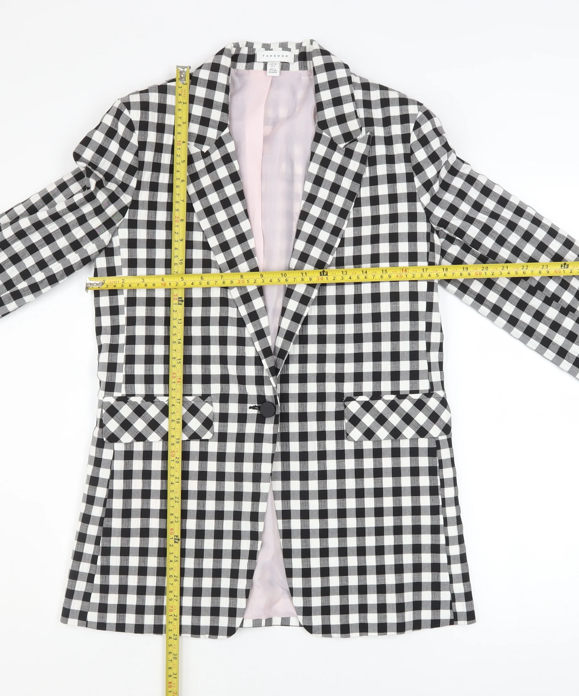 Topshop Women’s Black Check Blazer UK 10 Tall Lined Single-Breasted Jacket - Image 2