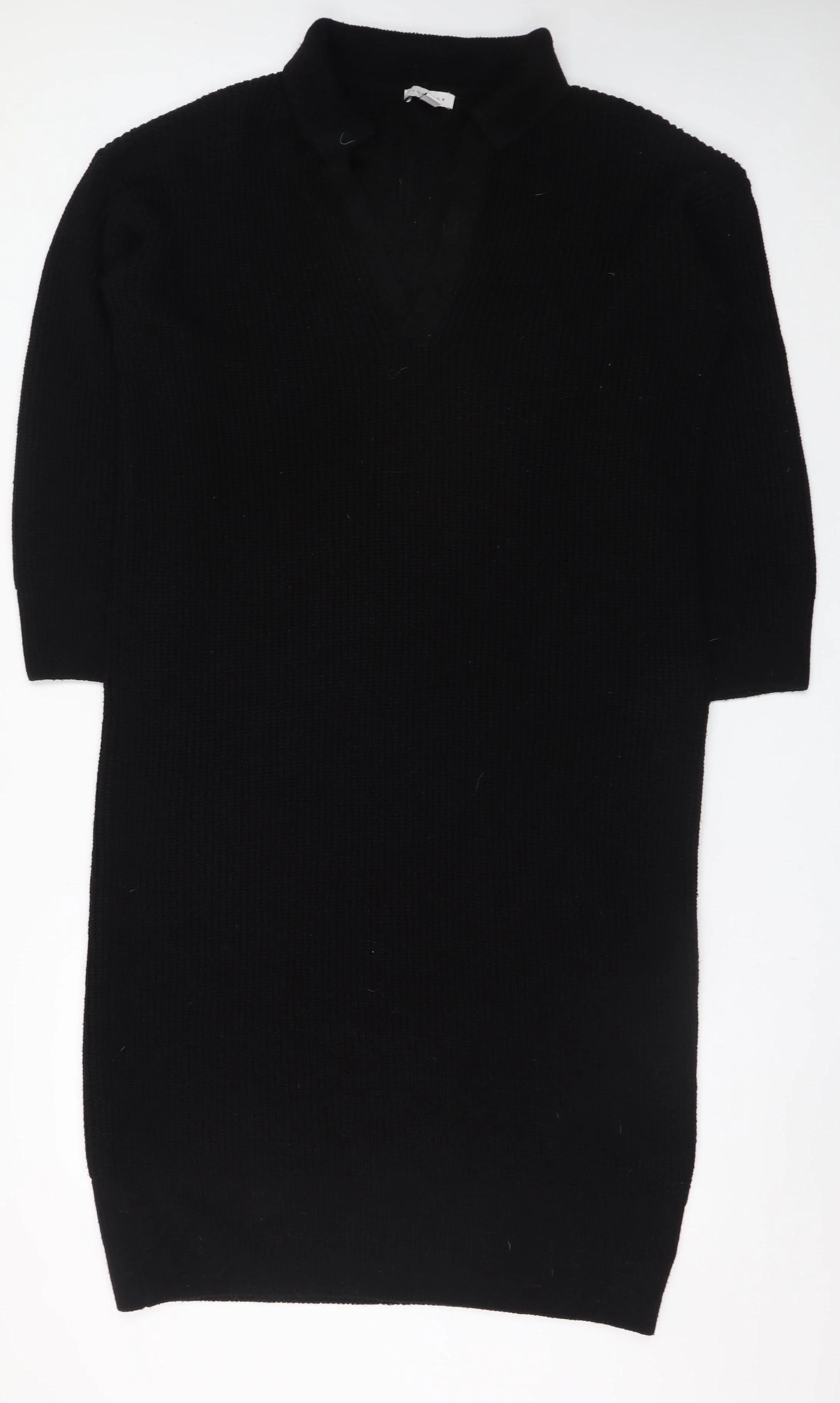 Topshop Women’s Black Knit Jumper Dress Size 8 V-Neck Collared