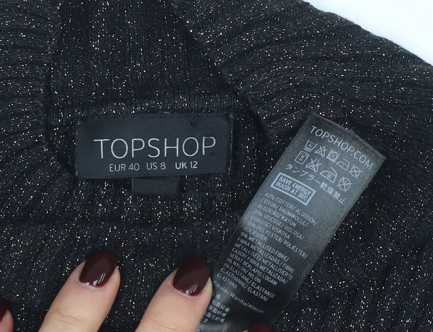 Topshop Women’s Black Metallic Roll Neck Ribbed Jumper UK 12 - Image 4