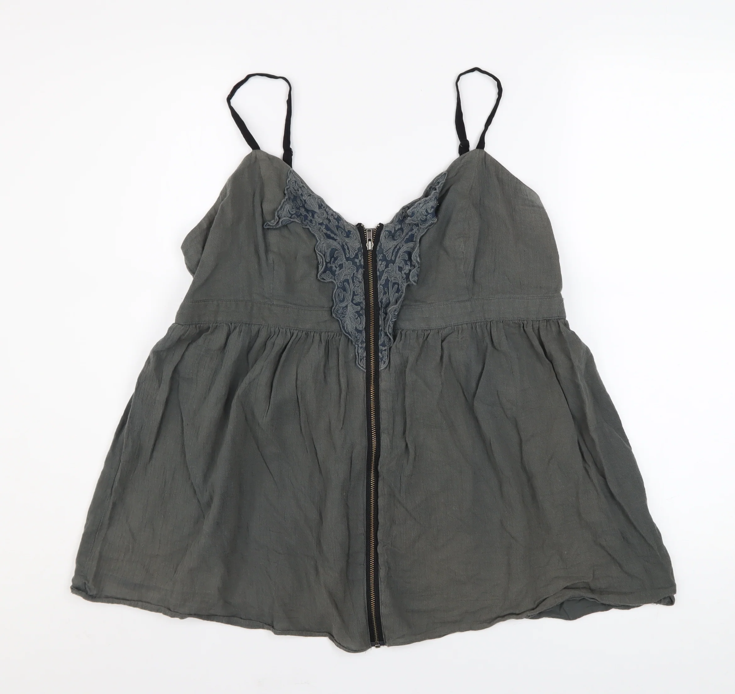Topshop Women’s Grey Cotton Camisole Tank Top UK 16 Zip Front