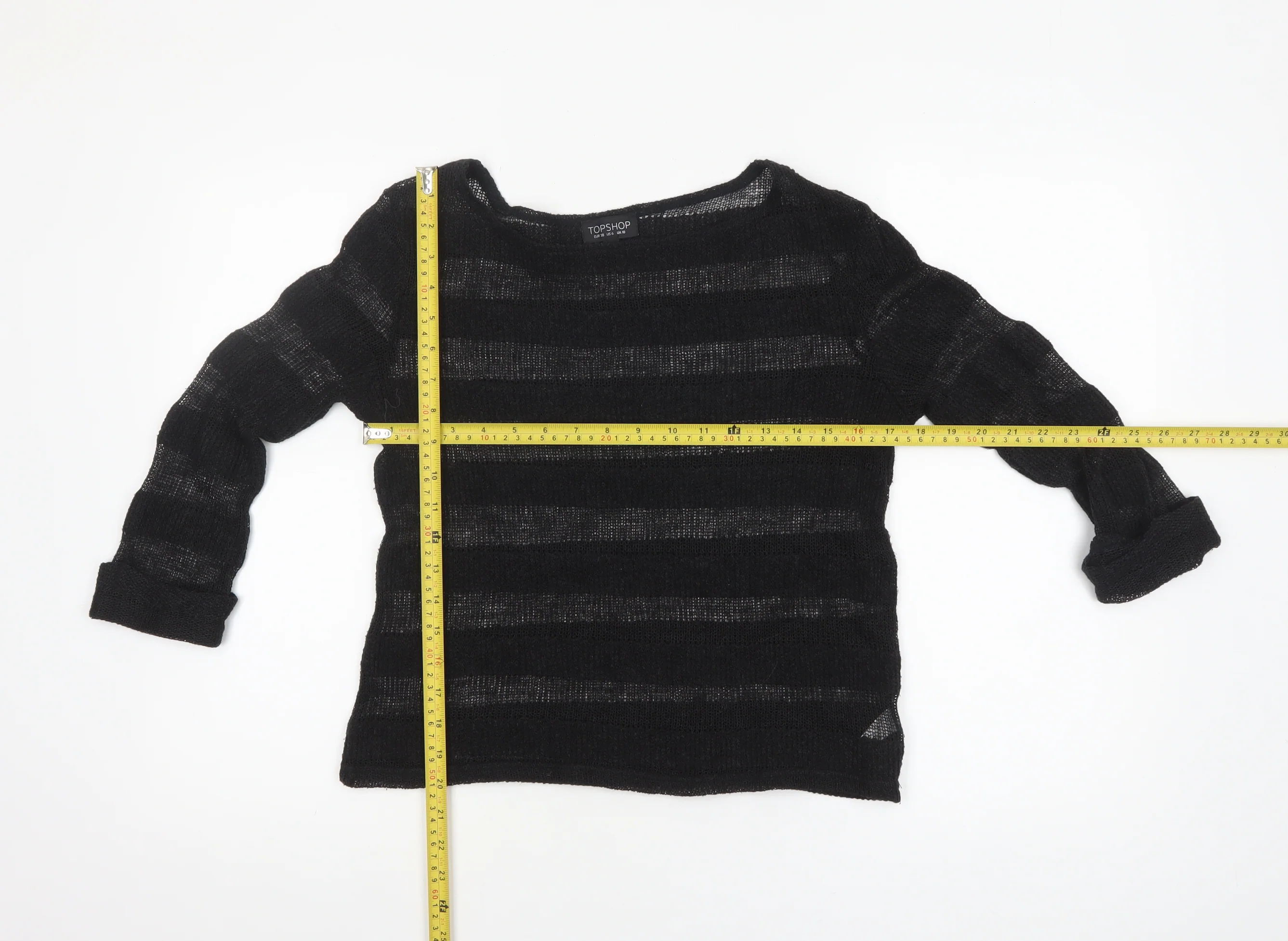 Topshop Women's Black Open-Knit Striped Jumper Size 10 - Image 2