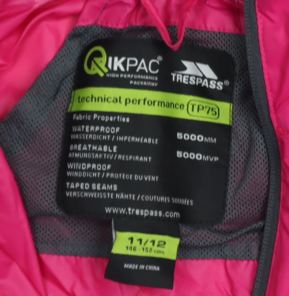 Trespass Girls Pink Waterproof Hooded Rain Coat Jacket 11-12 Years - Image 4