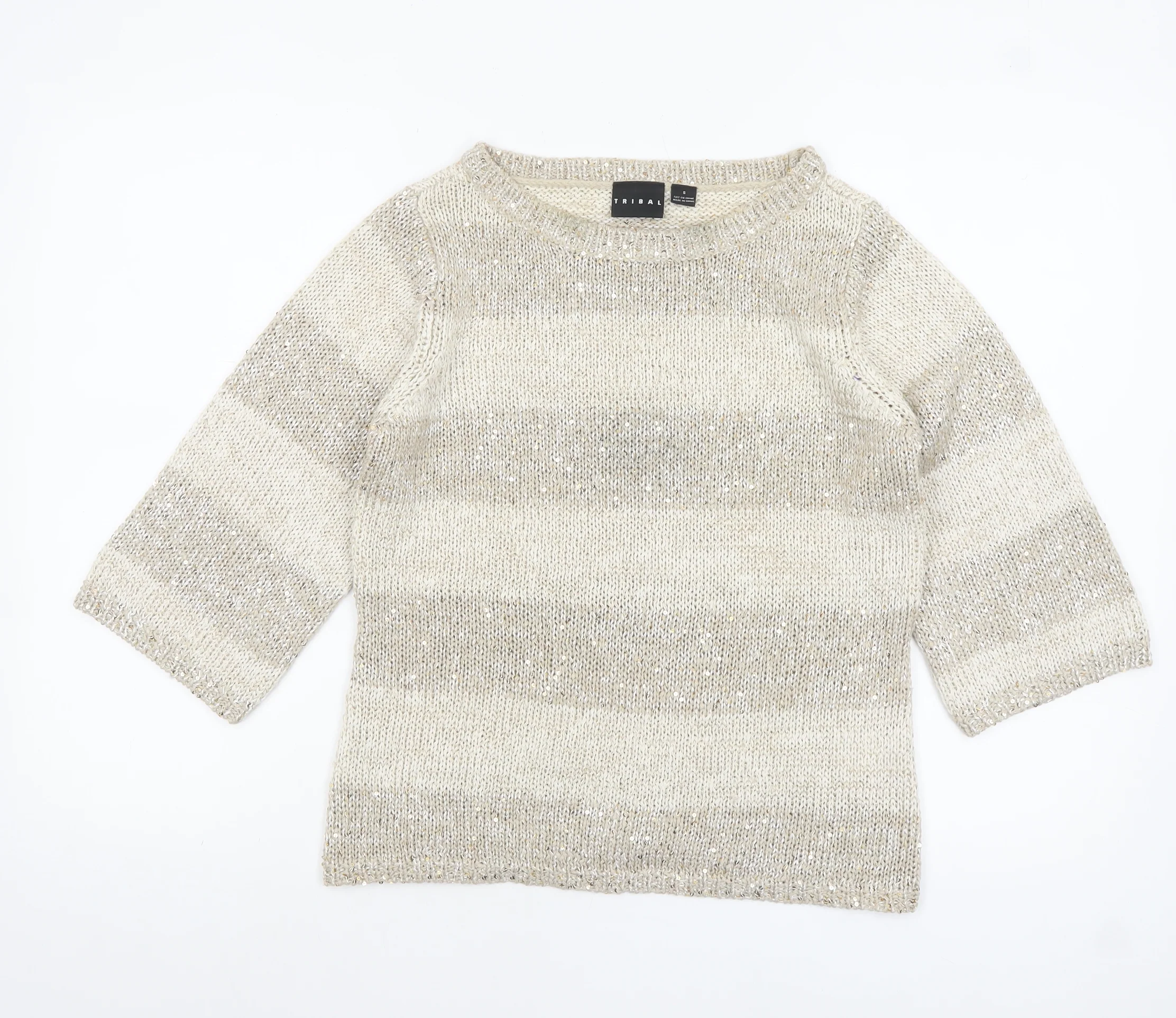 Tribal Women’s Beige Sequin Knit 3/4 Sleeve Pullover Jumper Size S