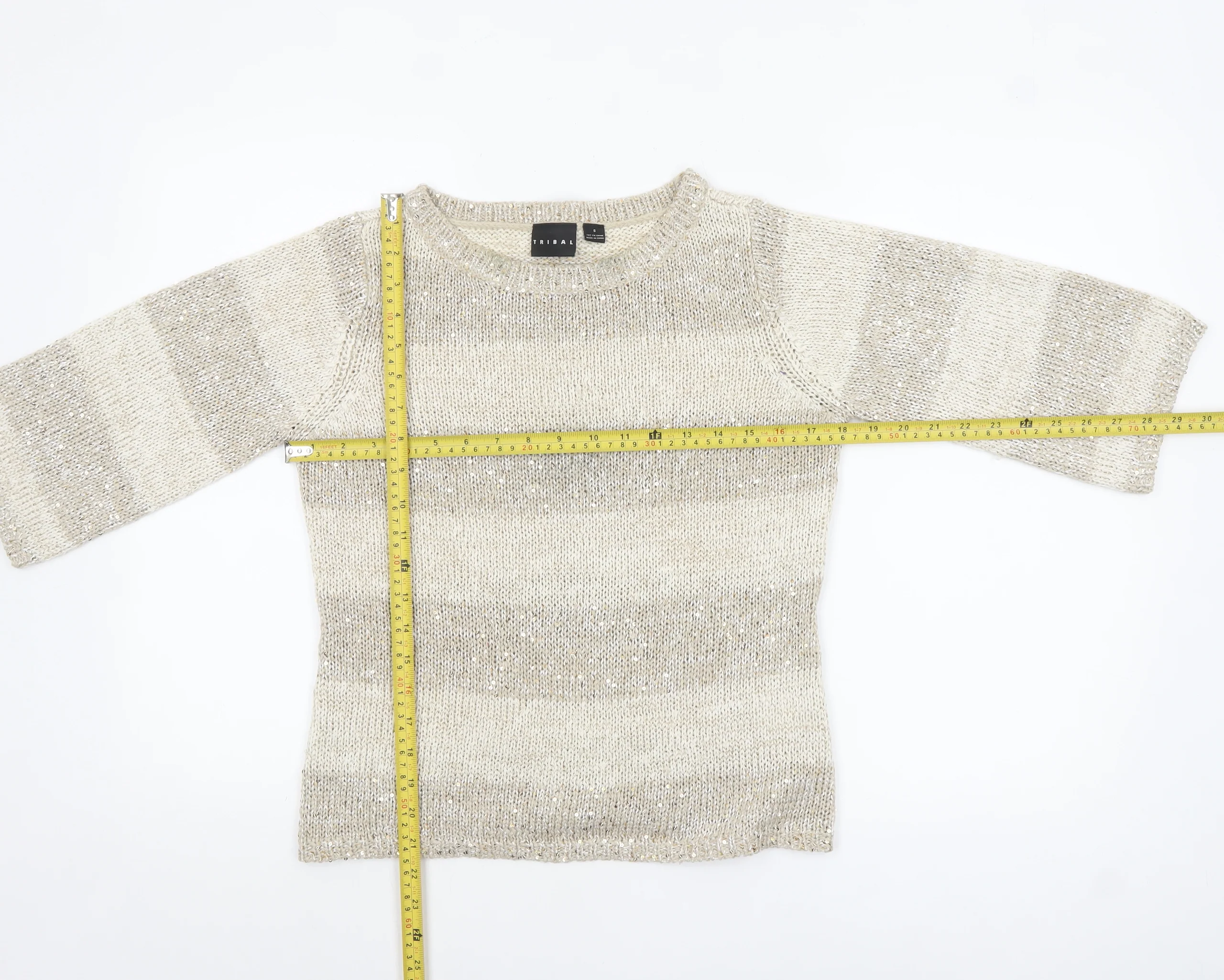 Tribal Women’s Beige Sequin Knit 3/4 Sleeve Pullover Jumper Size S - Image 3