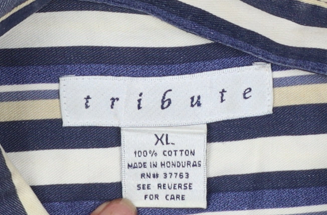 Tribute Men's Blue Striped Cotton Button-Up Shirt XL - Image 4