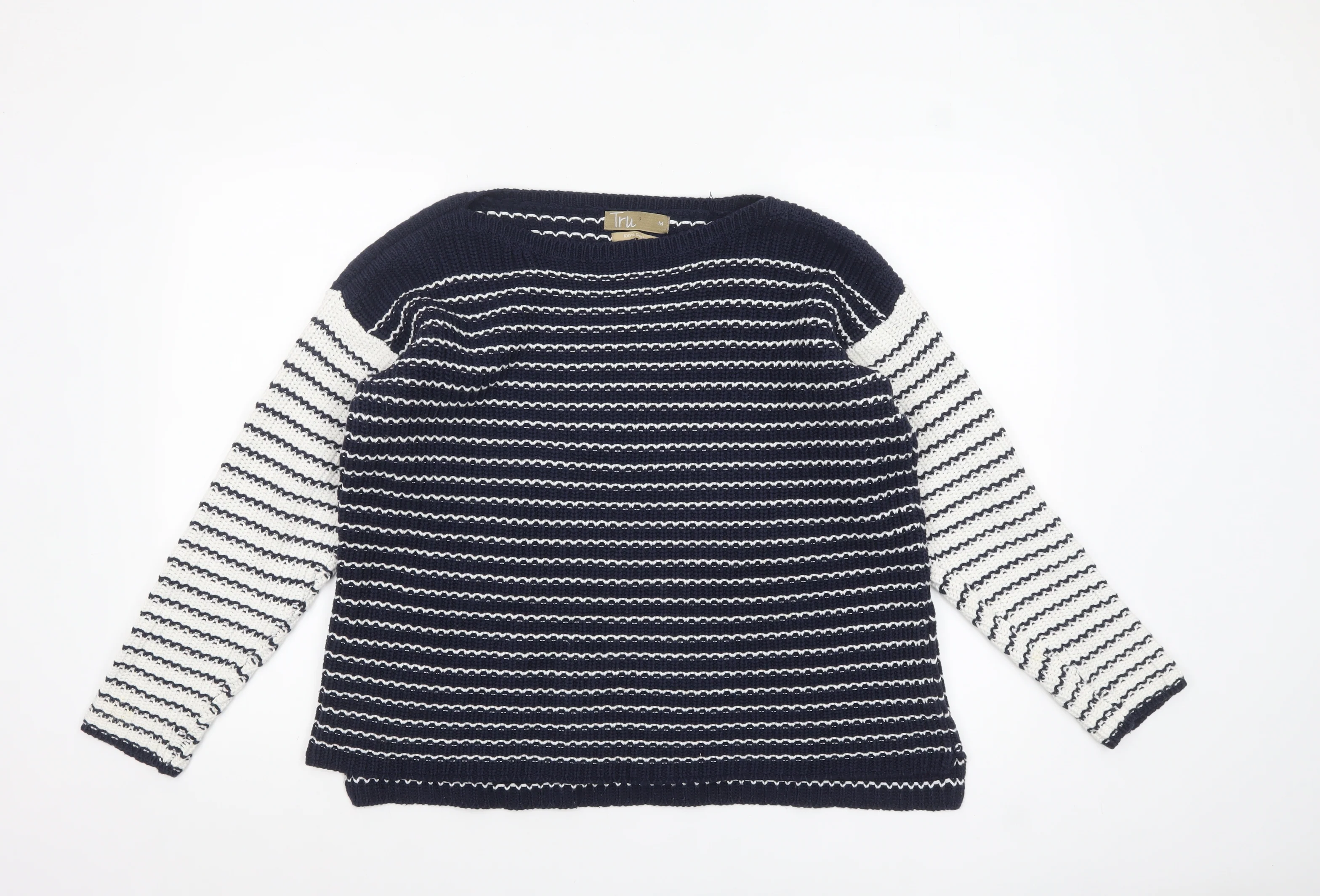 Tru Womens Blue Striped Cotton Knit Jumper Size M