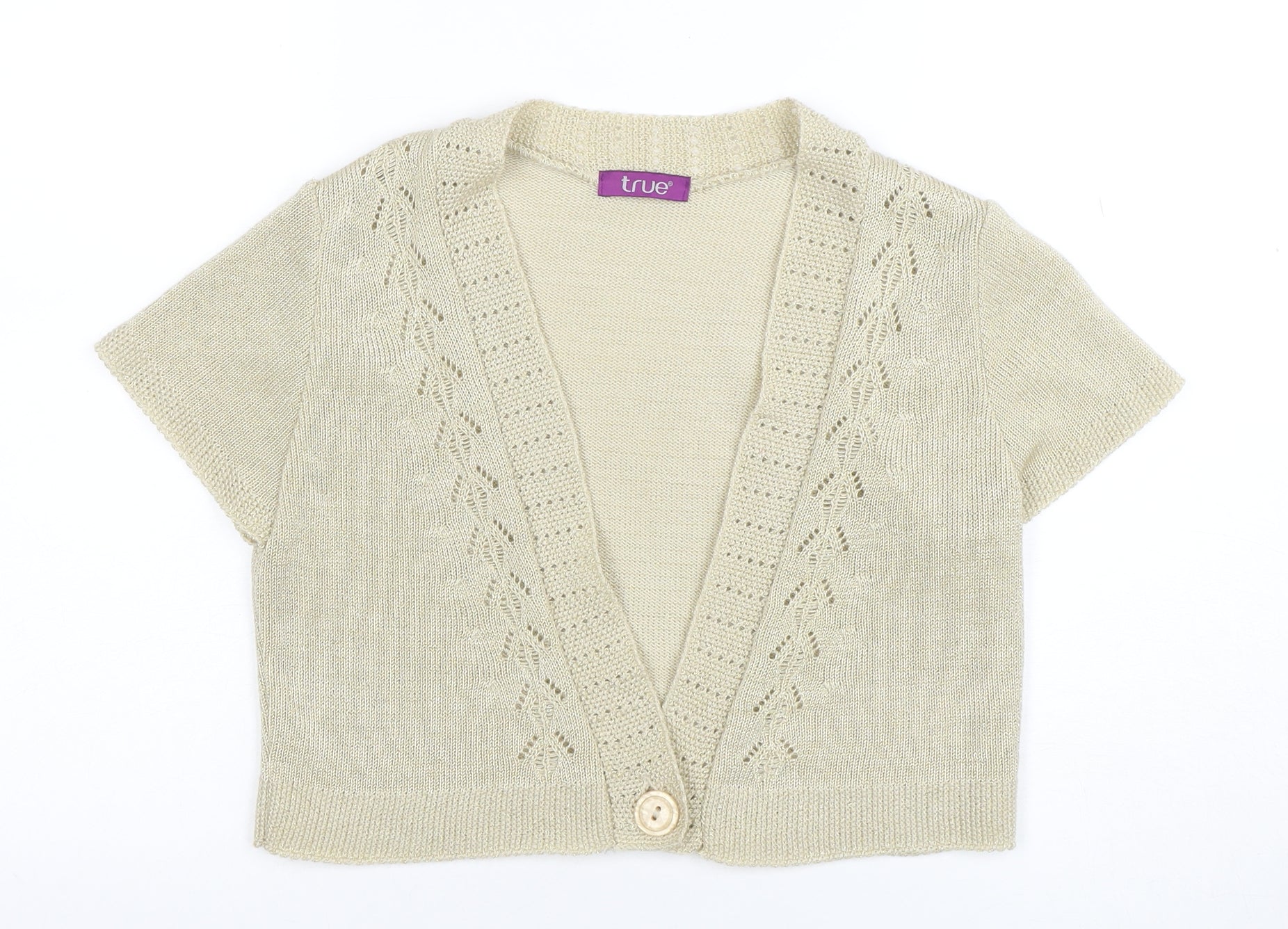 True Womens Beige Short Sleeve V-Neck Knit Cardigan Size 16