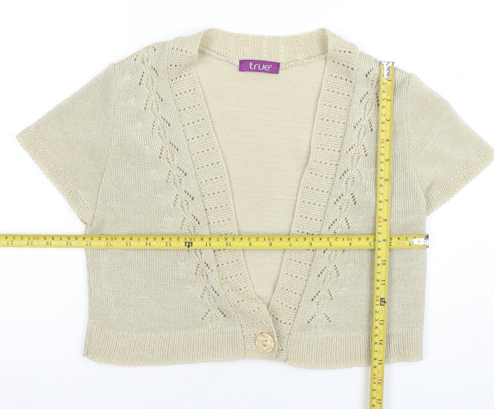True Womens Beige Short Sleeve V-Neck Knit Cardigan Size 16 - Image 2