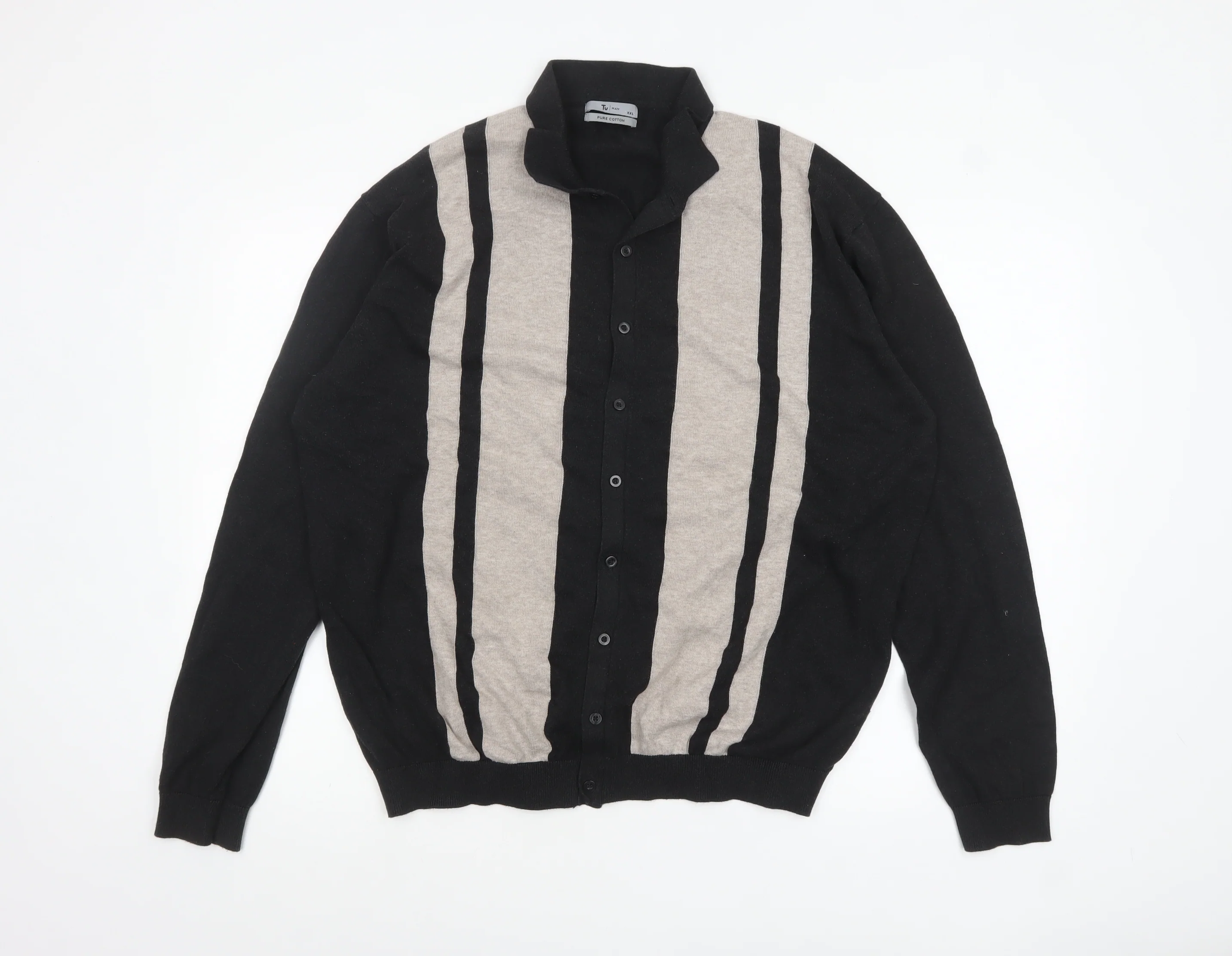 Tu Men’s Black 2XL Cotton Button Up Collared Striped Cardigan