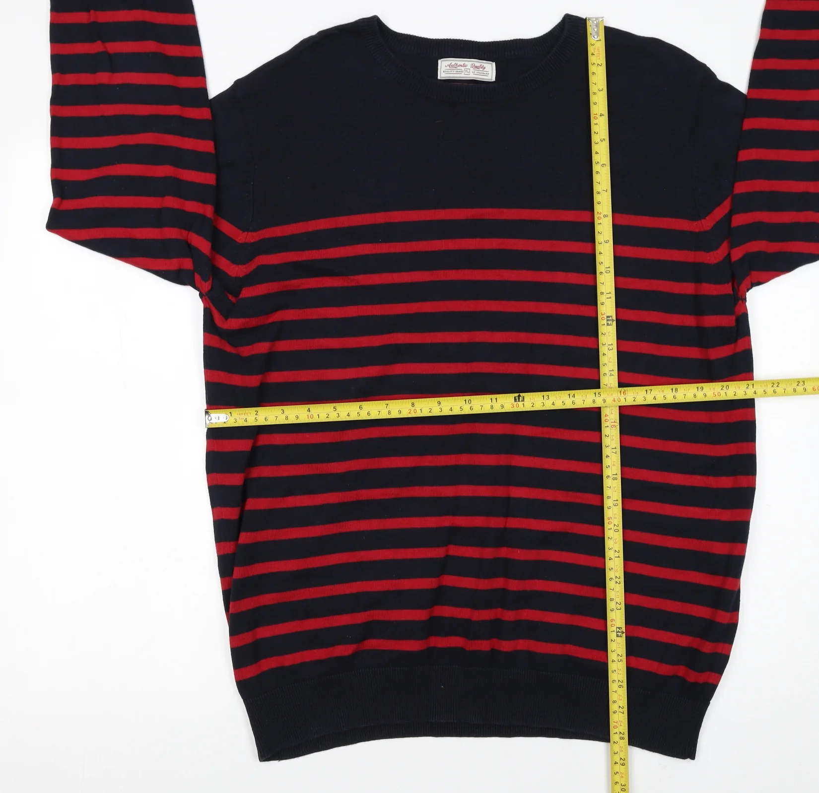 TU Men's Blue Red Striped Cotton Crew Neck Jumper Size L - Image 2