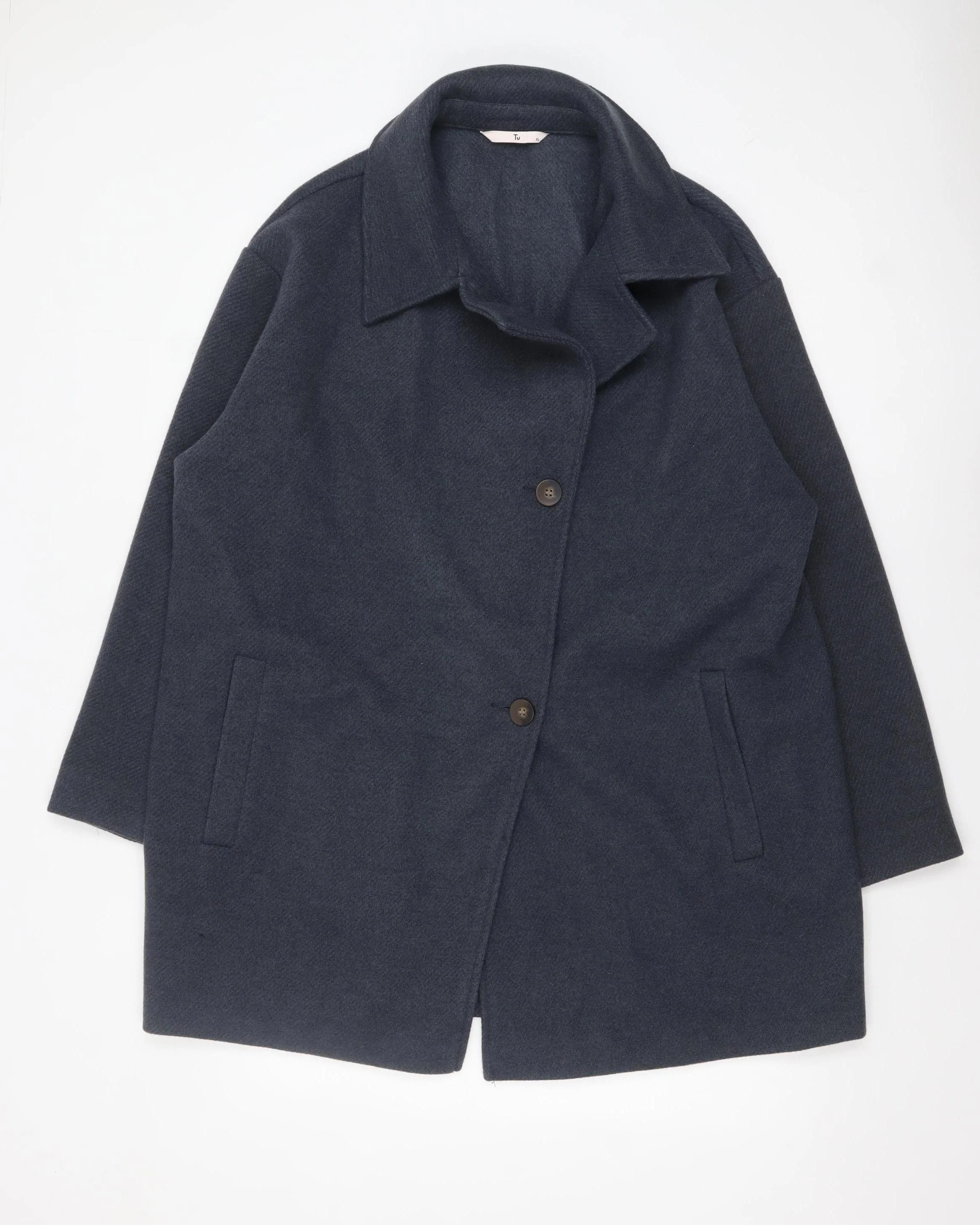 Tu Men's Navy Blue Mid-Length Single-Breasted Coat XL Polyester Blend