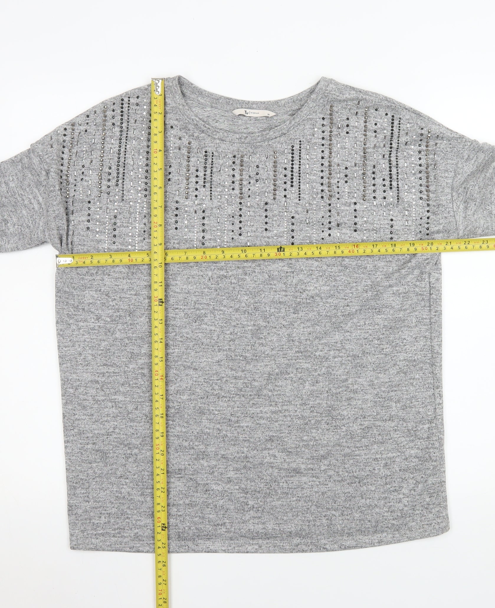 Tu Woman Grey Embellished Long Sleeve Tunic Top Size 10 - Image 2