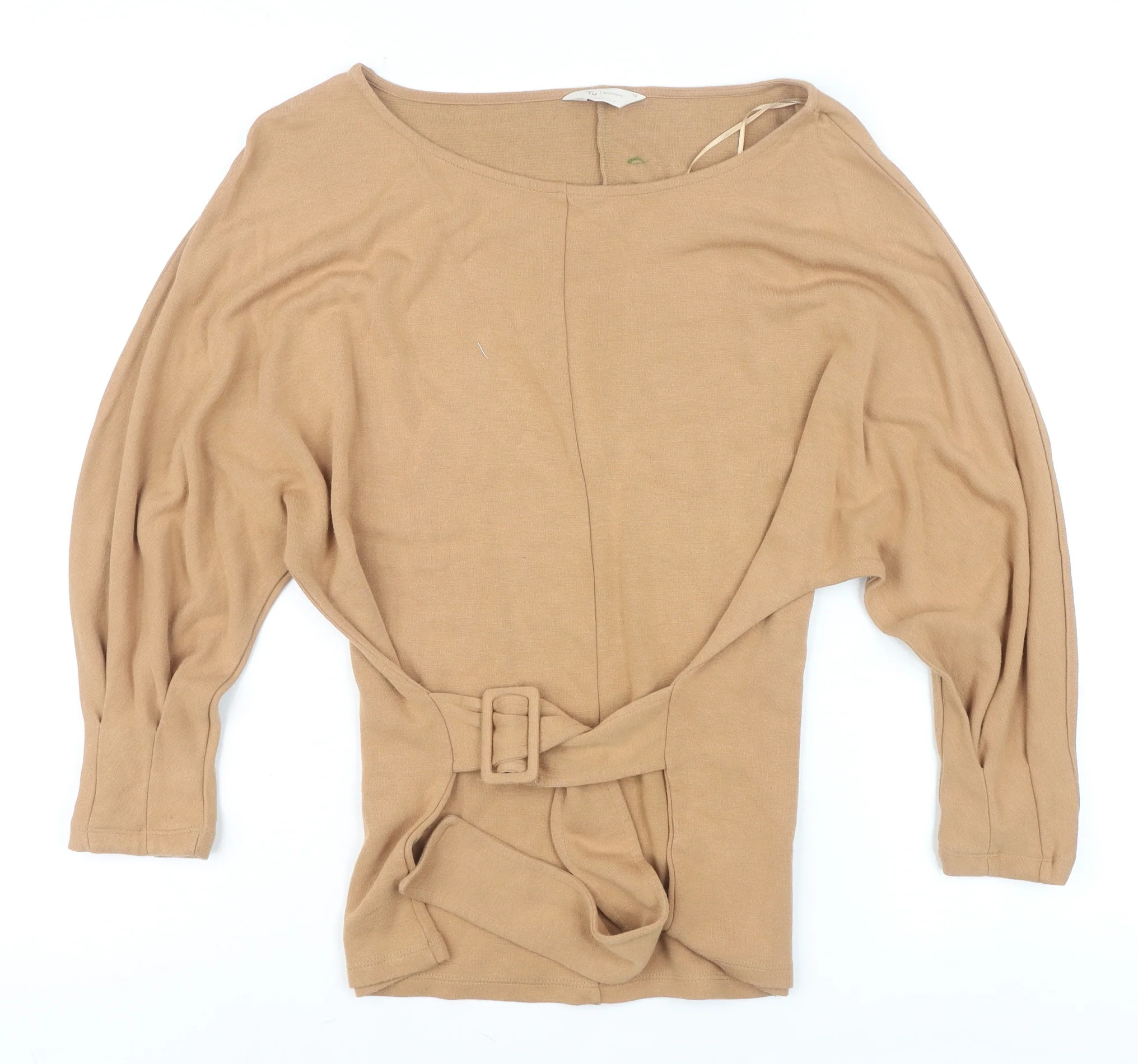 Tu Women Beige Belted Tunic Blouse Size 12 3/4 Sleeve Viscose Blend