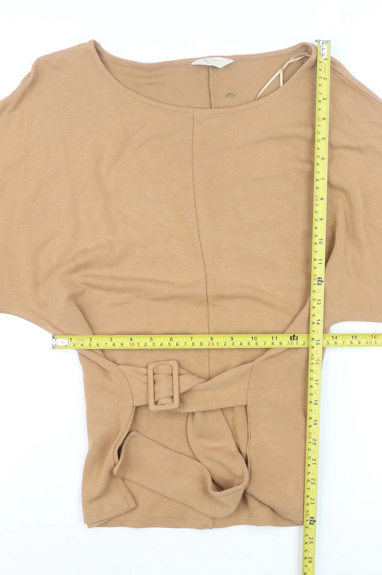 Tu Women Beige Belted Tunic Blouse Size 12 3/4 Sleeve Viscose Blend - Image 2