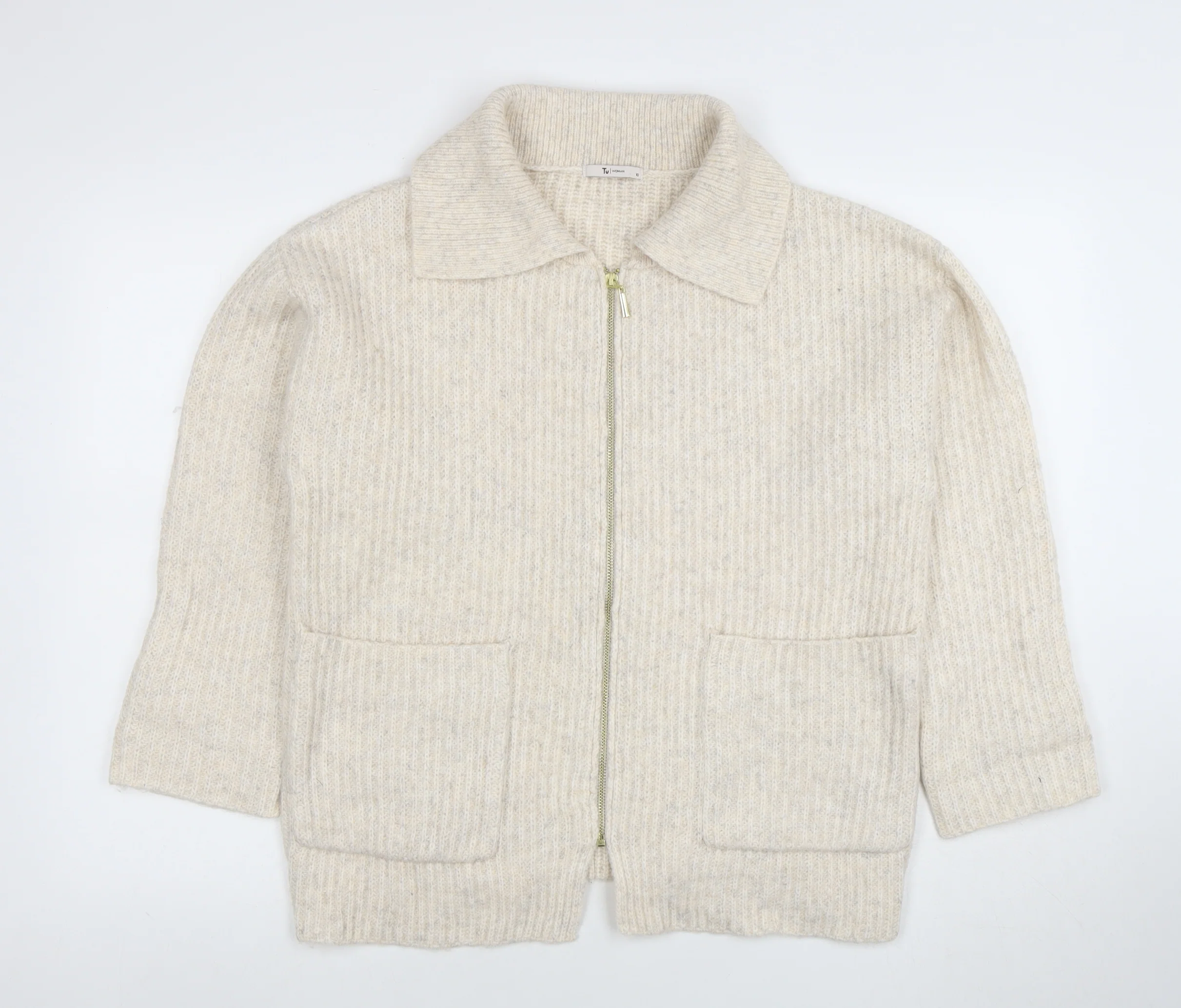 Tu Women Beige Collared Full Zip Knit Jumper Size 10