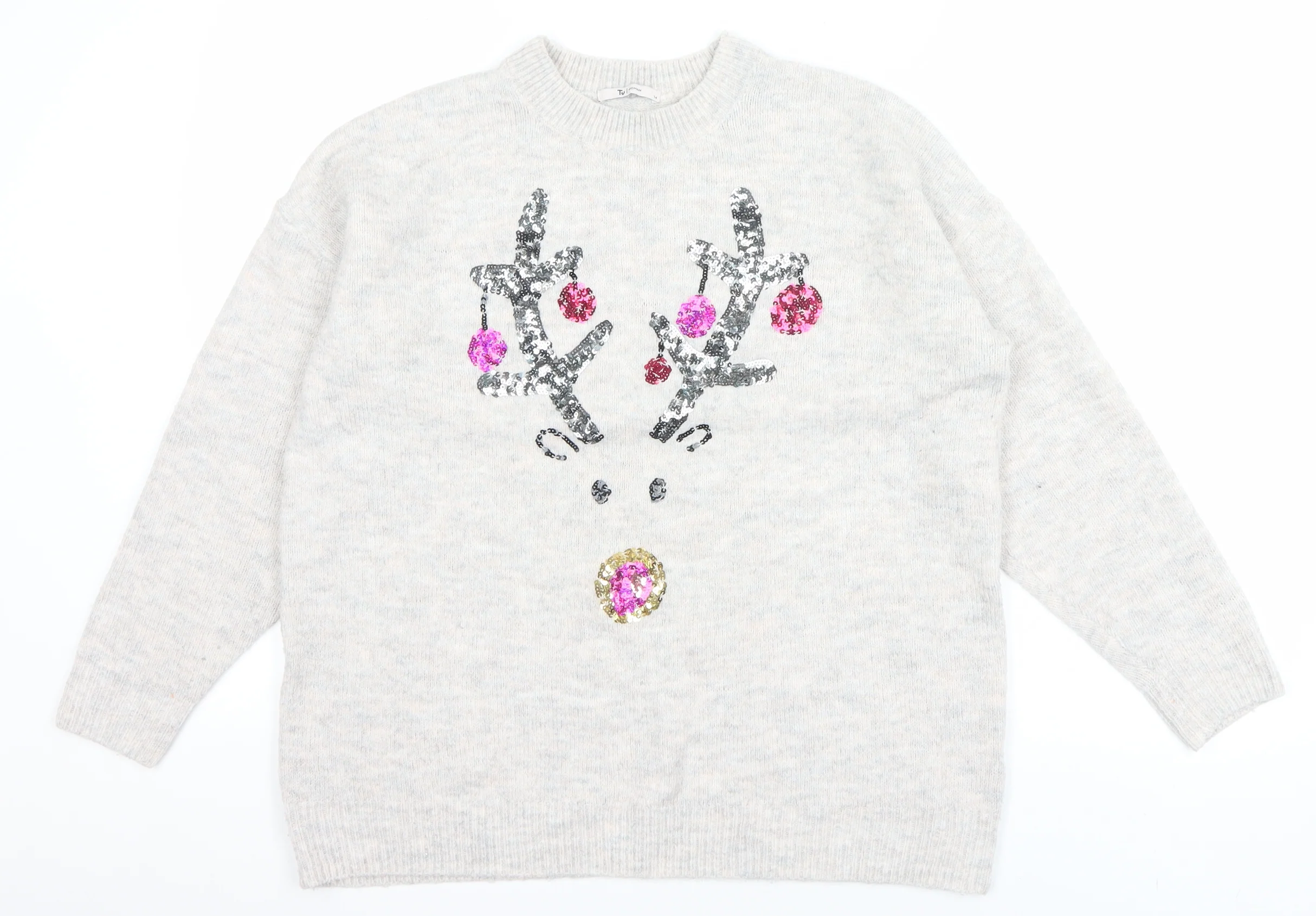 Tu Women Beige Sequin Reindeer Christmas Jumper Size 14