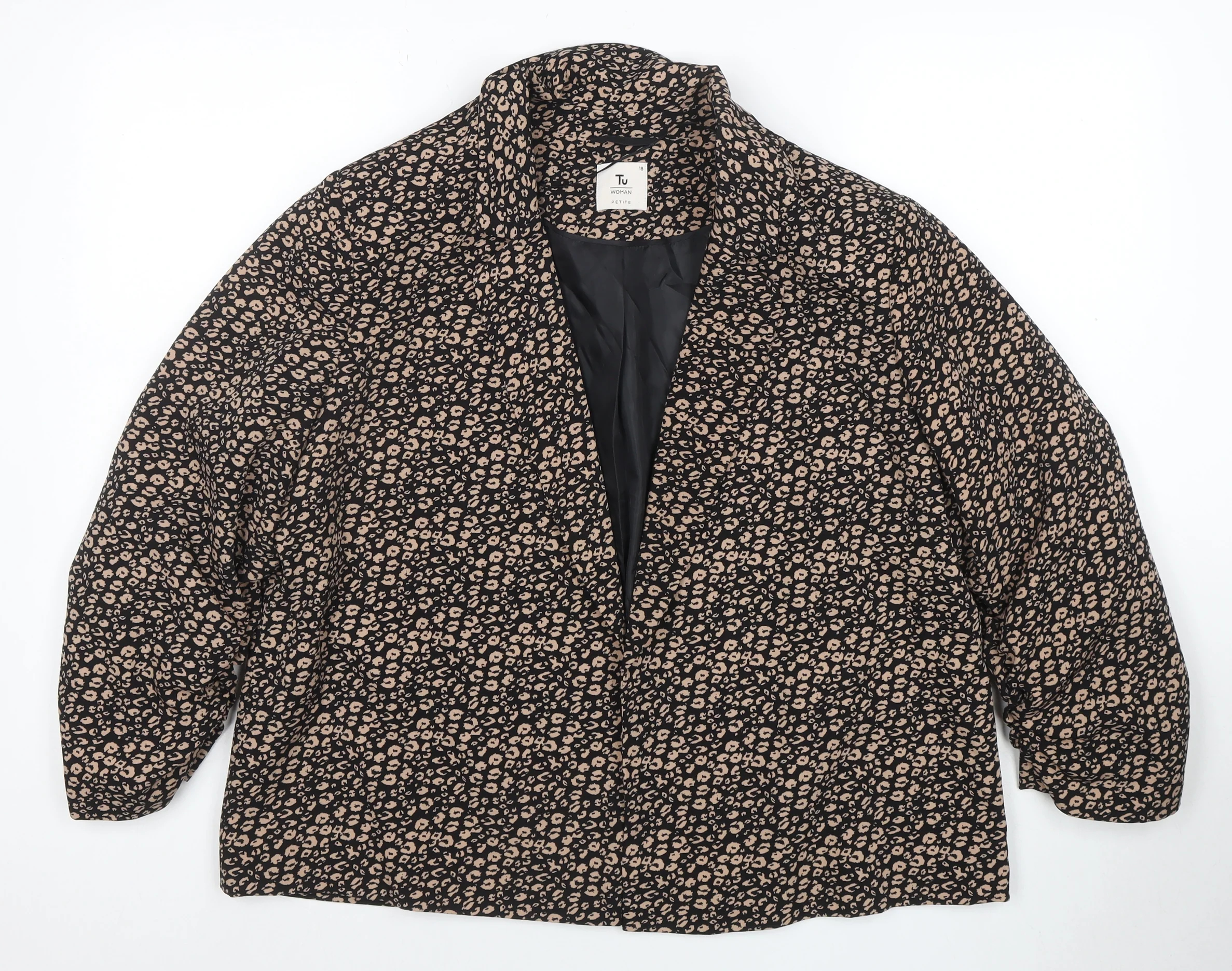 Tu Women Black Animal Print Regular Fit Lined Blazer Size 18