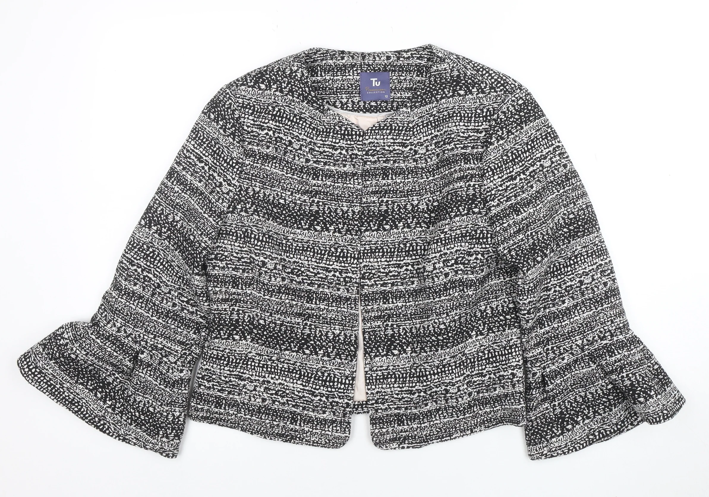 Tu Women Black & White Bouclé Cropped Jacket Size 12 Lined Bell Sleeve