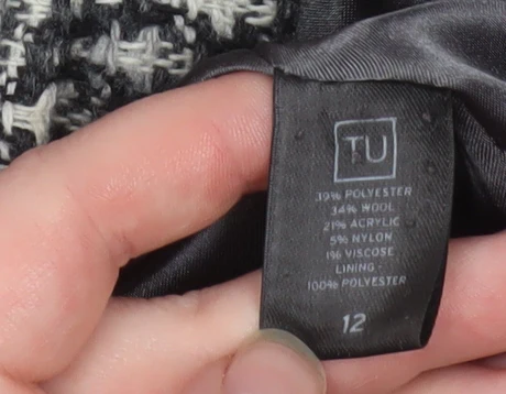 TU Women Black & White Houndstooth Blazer Size 12 Wool Blend Lined Jacket - Image 4