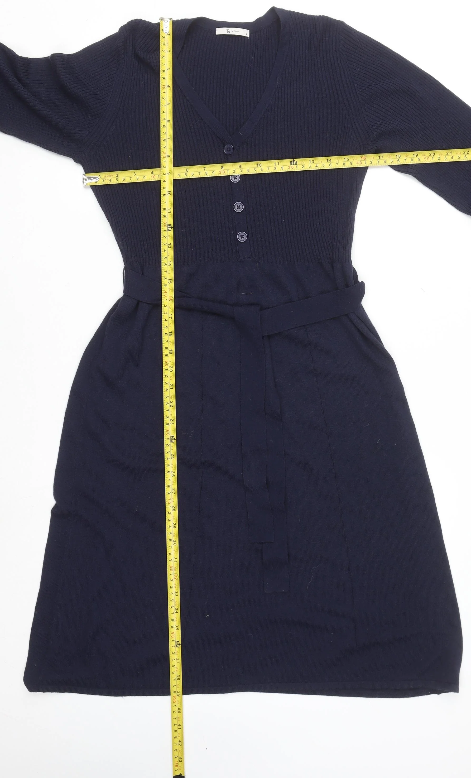 Tu Women Blue Knit Fit & Flare Belted Dress Size 16 - Image 2