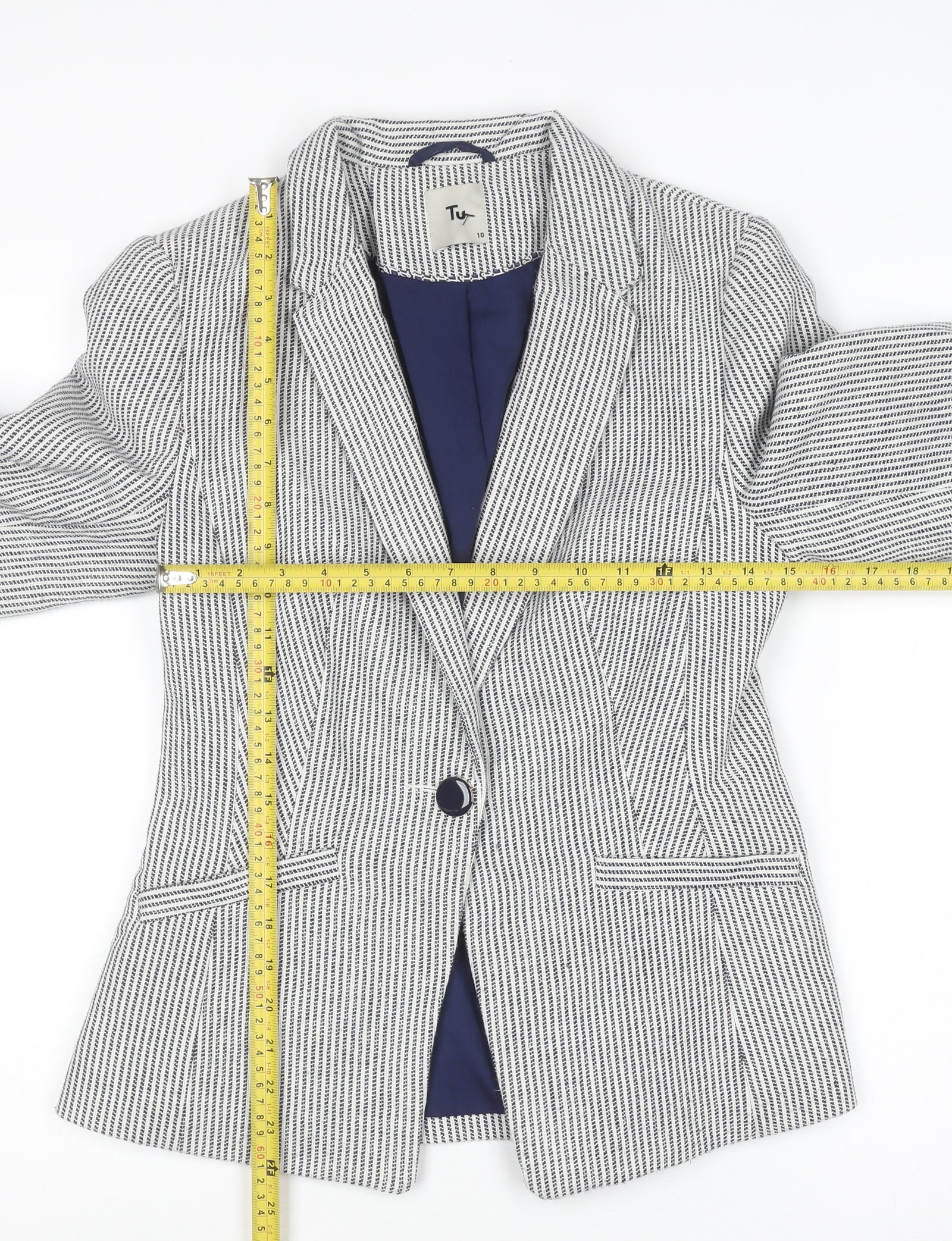 Tu Women Blue Striped Regular Fit Blazer Size 10 Workwear Jacket - Image 2