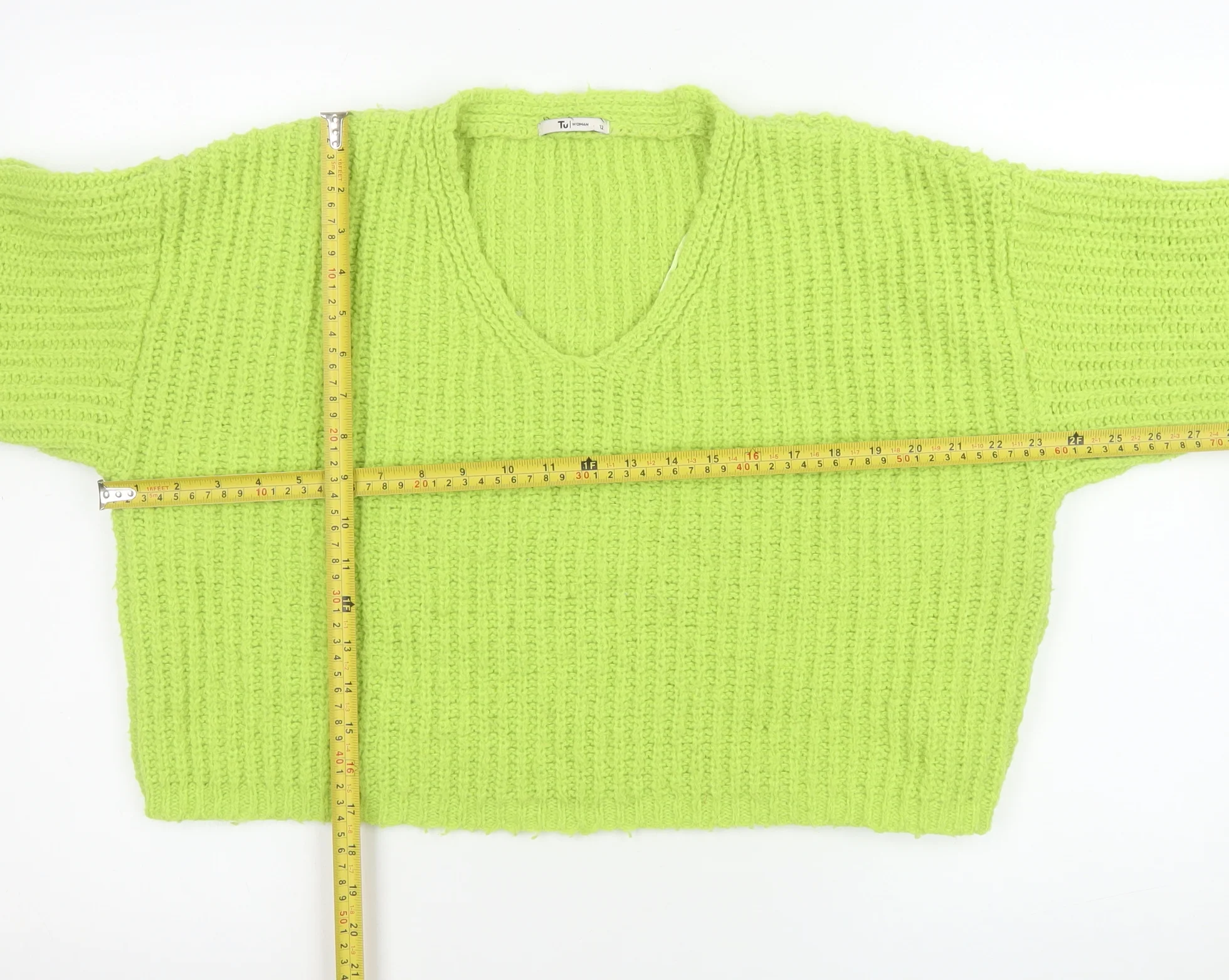 Tu Women Green Chunky Knit V-Neck Pullover Jumper Size 12 - Image 2